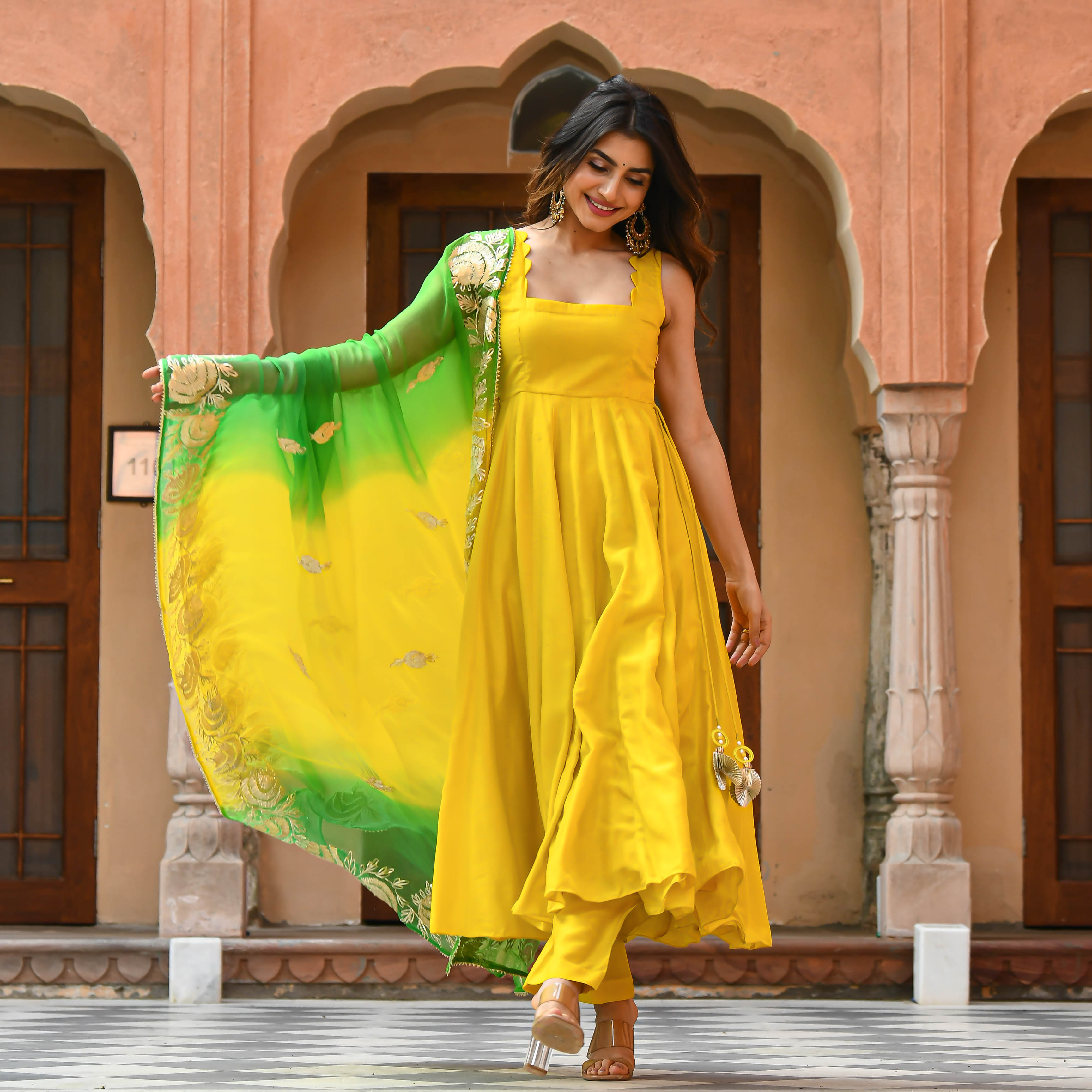 Yellow Green Shades Anarkali Suit Set with Gota Work