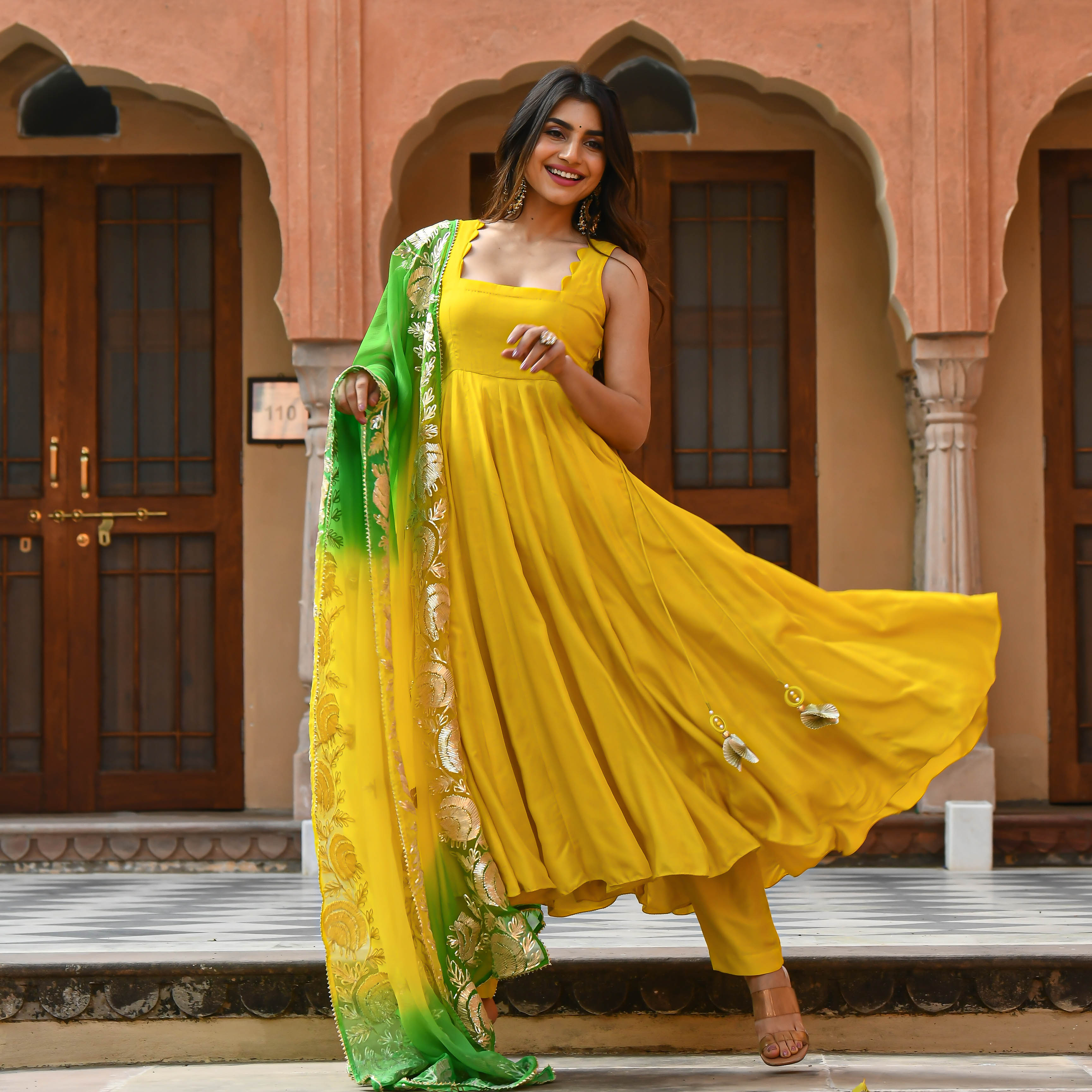 Yellow Green Shades Anarkali Suit Set with Gota Work