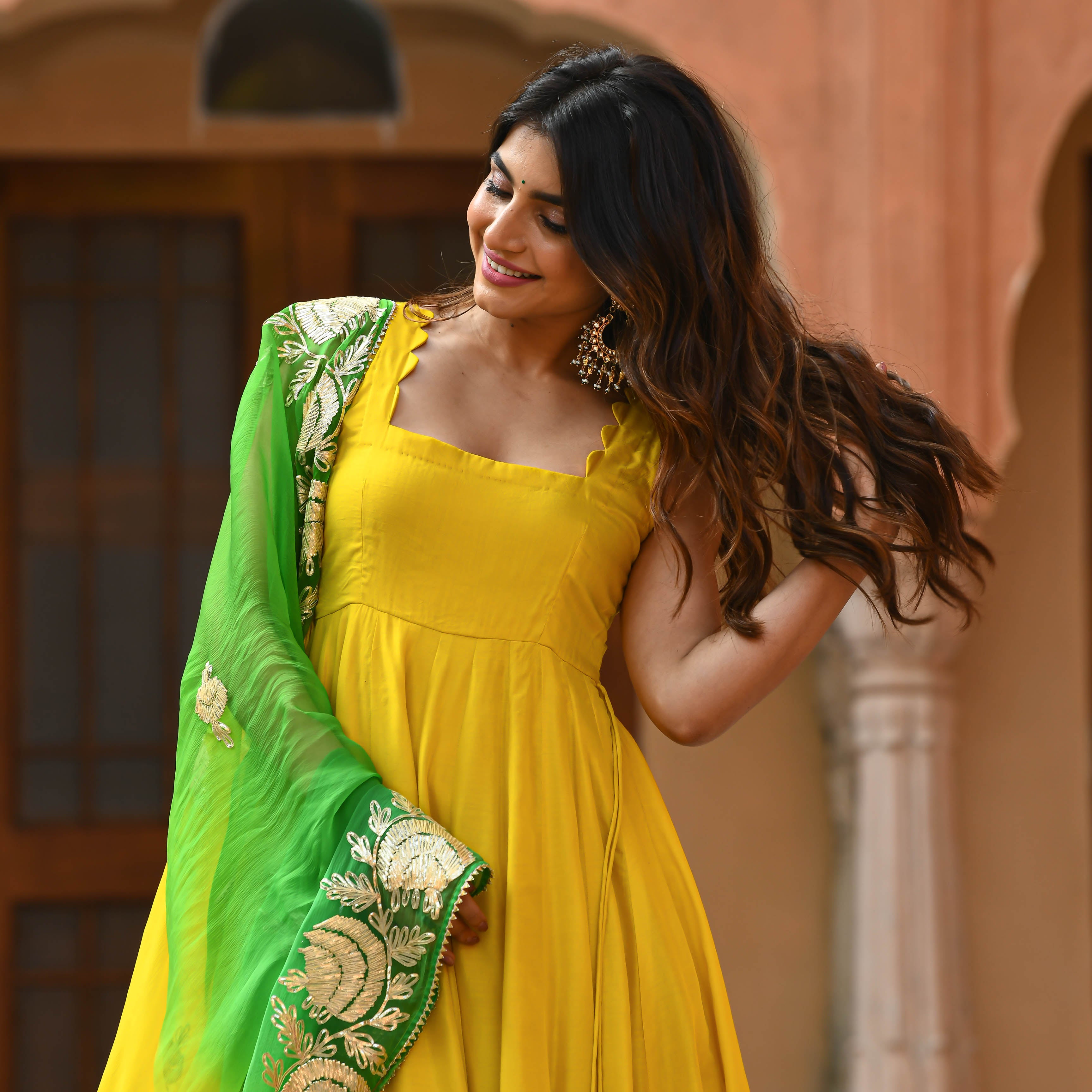 Yellow Green Shades Anarkali Salwar Suit Set For Women Online