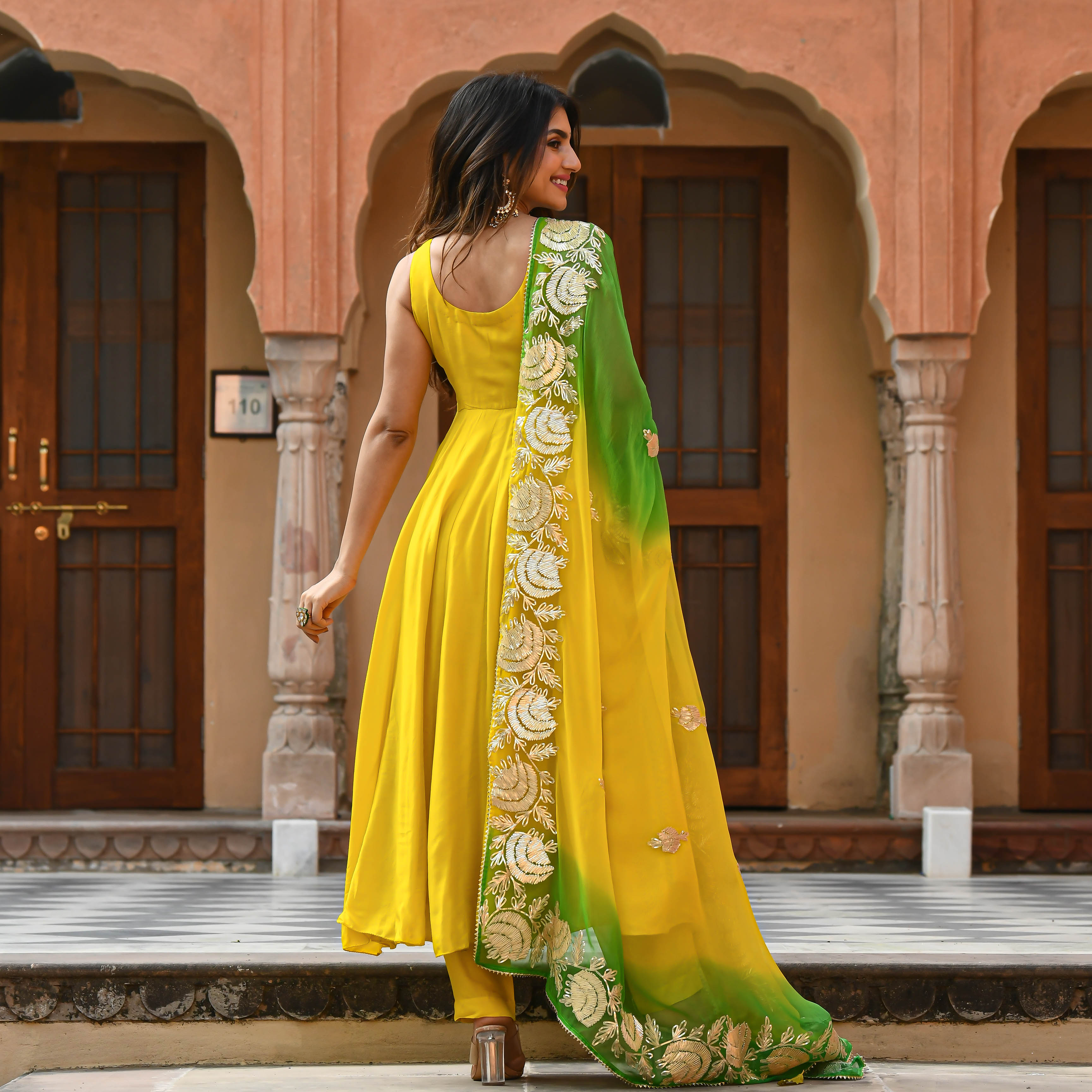 Yellow Green Shades Anarkali Suit Set with Gota Work