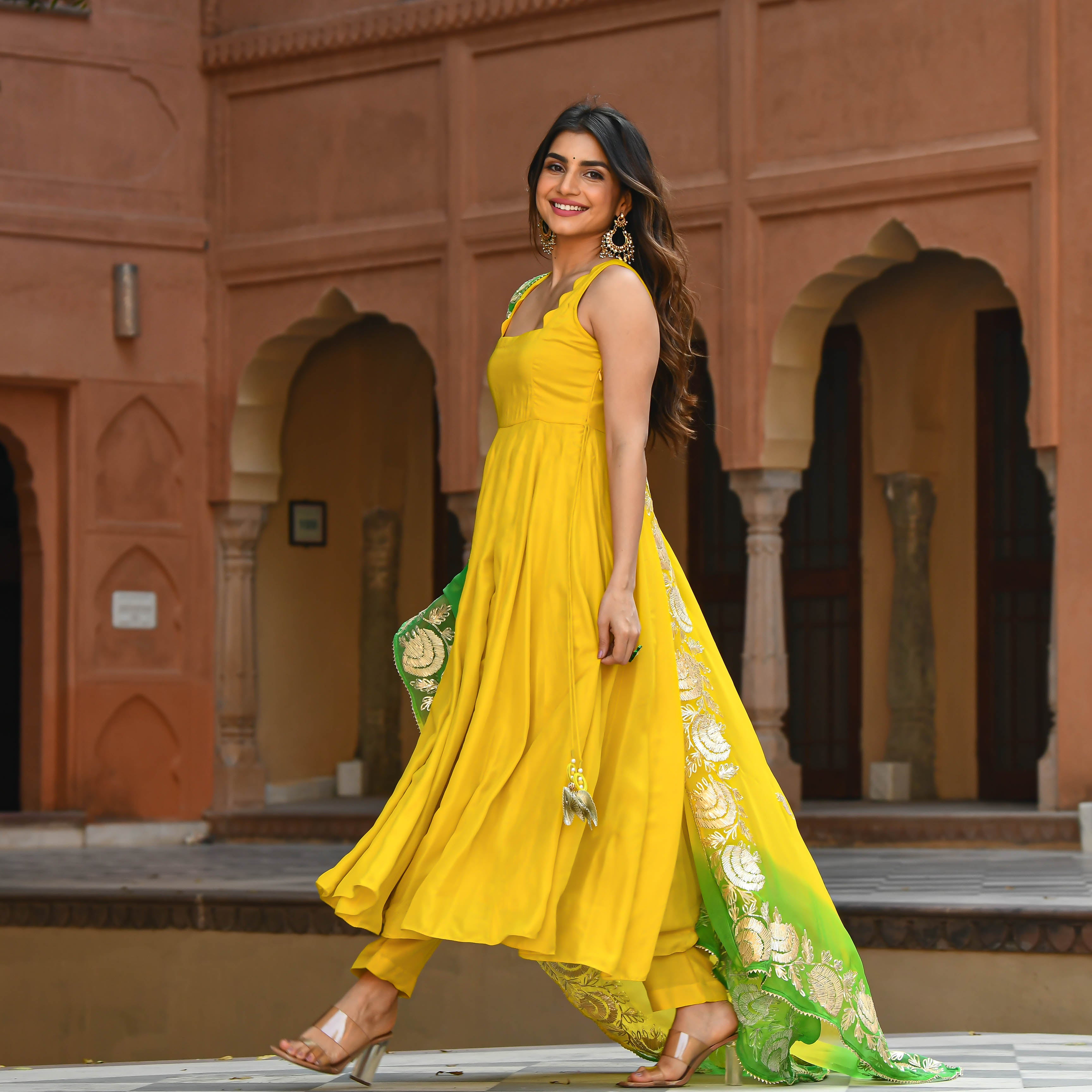 Yellow Green Shades Anarkali Salwar Suit Set For Women Online