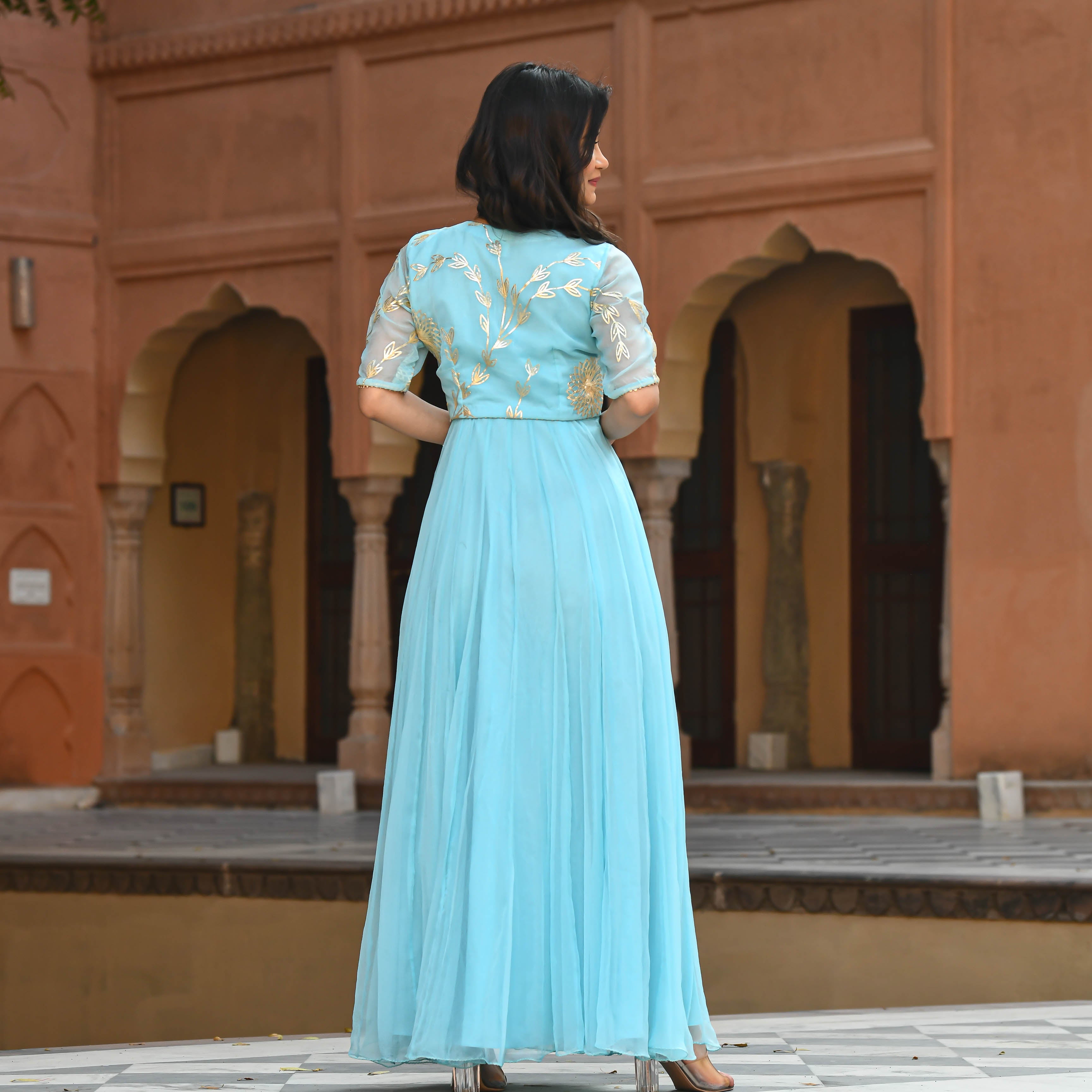 Sky Blue Dress Material With Contrast Dupatta