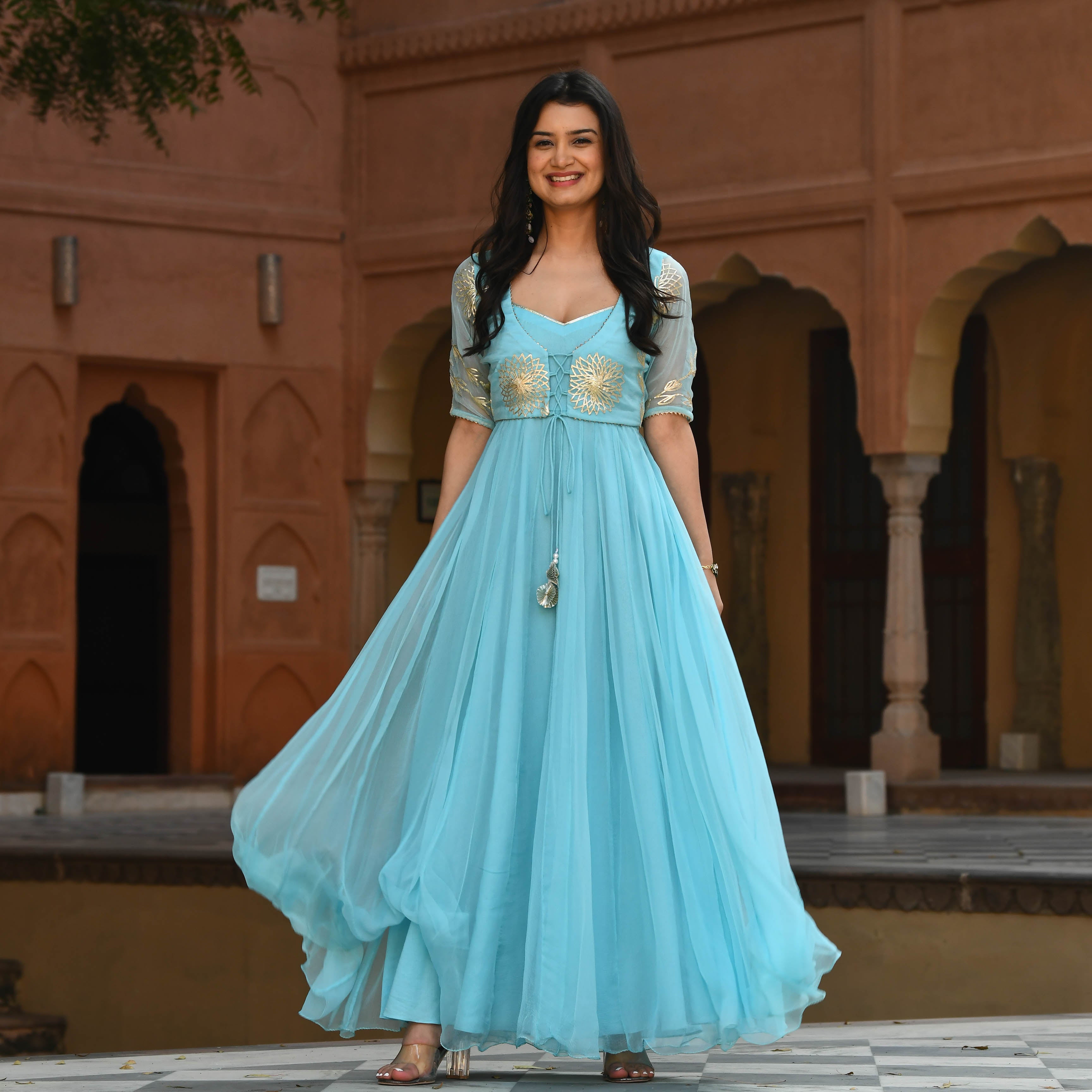 Party Wear Sky Blue Long Dress at Rs 700/piece in Shirpur | ID: 22585195248