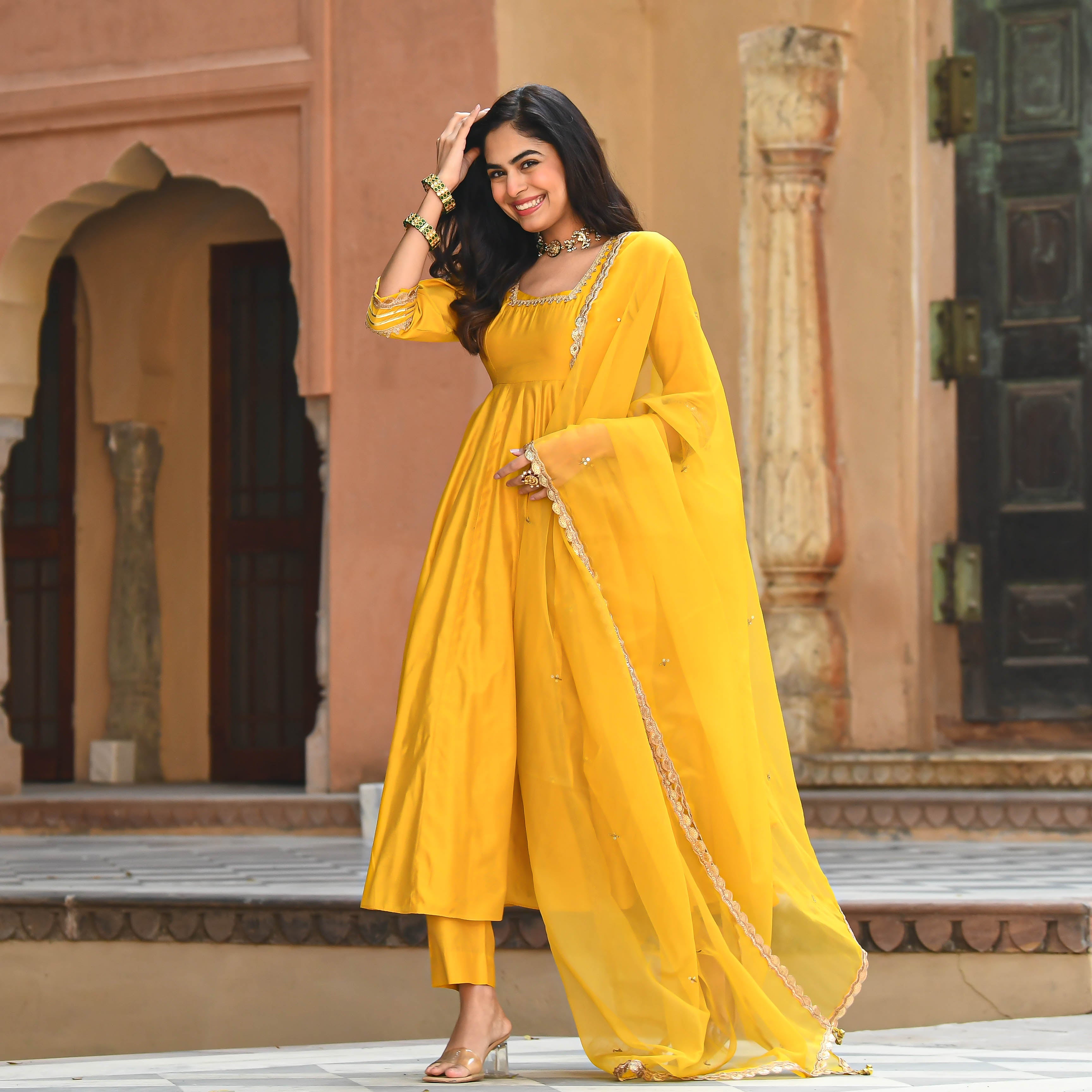 Yellow Chanderi Anarkali Suit Set for women online