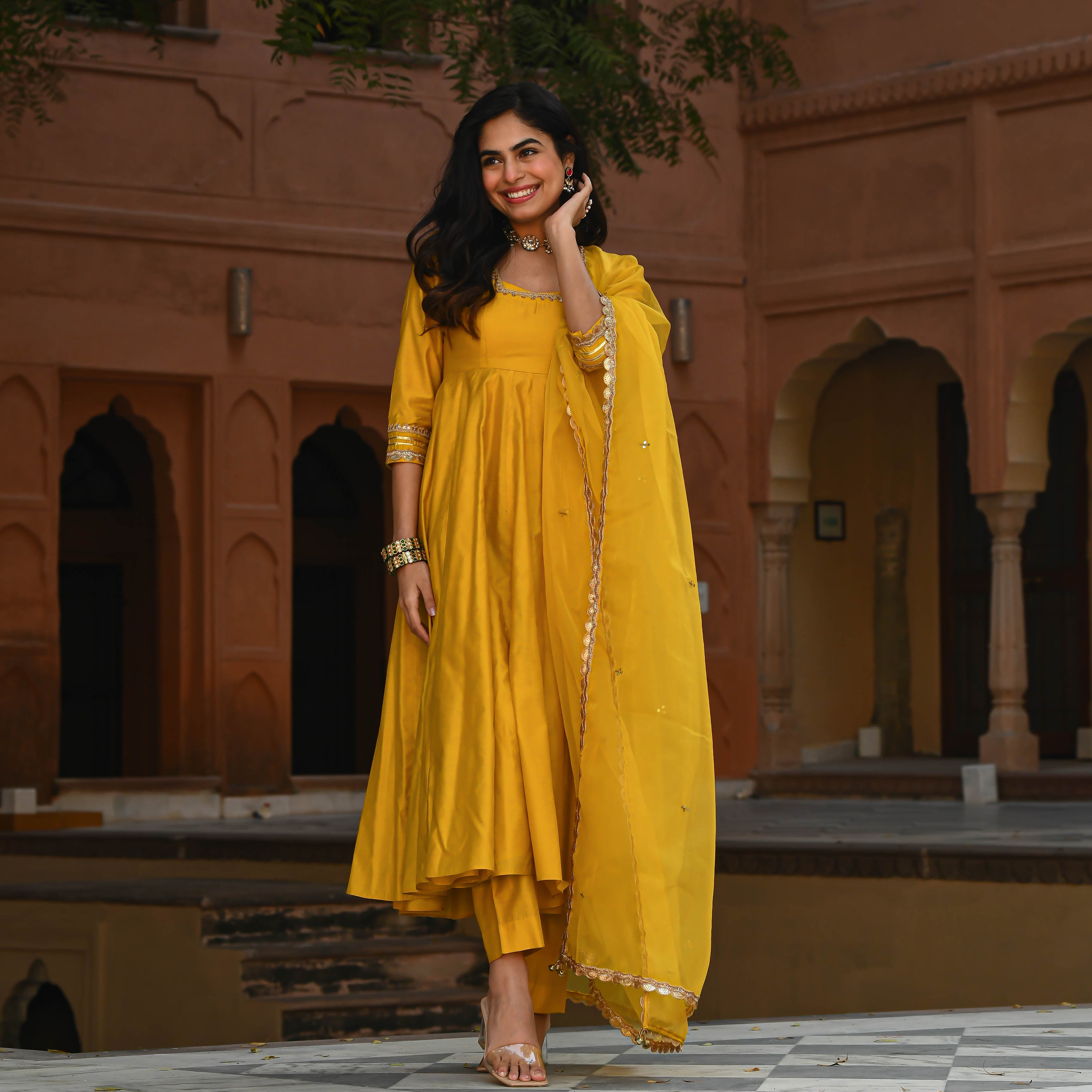 Yellow Chanderi Anarkali Suit Set for women online