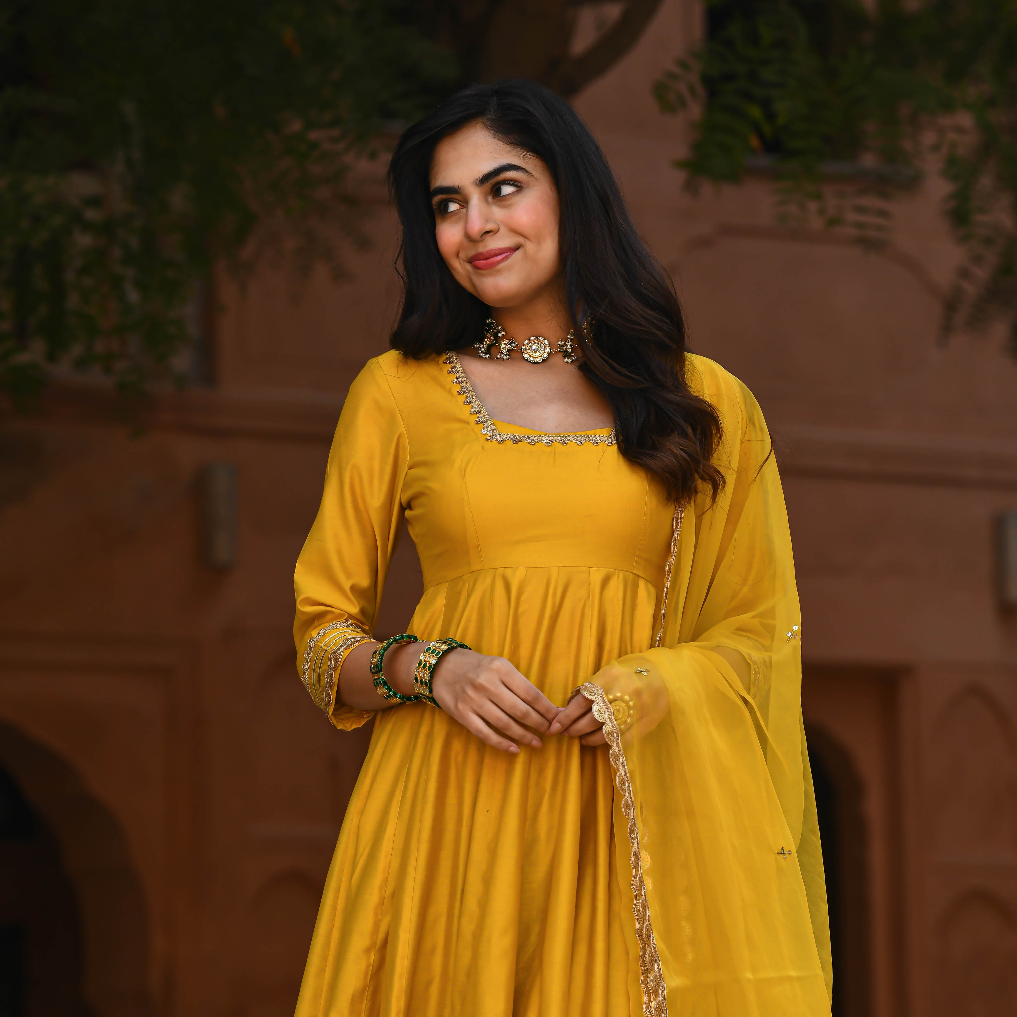 Yellow Chanderi Anarkali Suit Set for women online