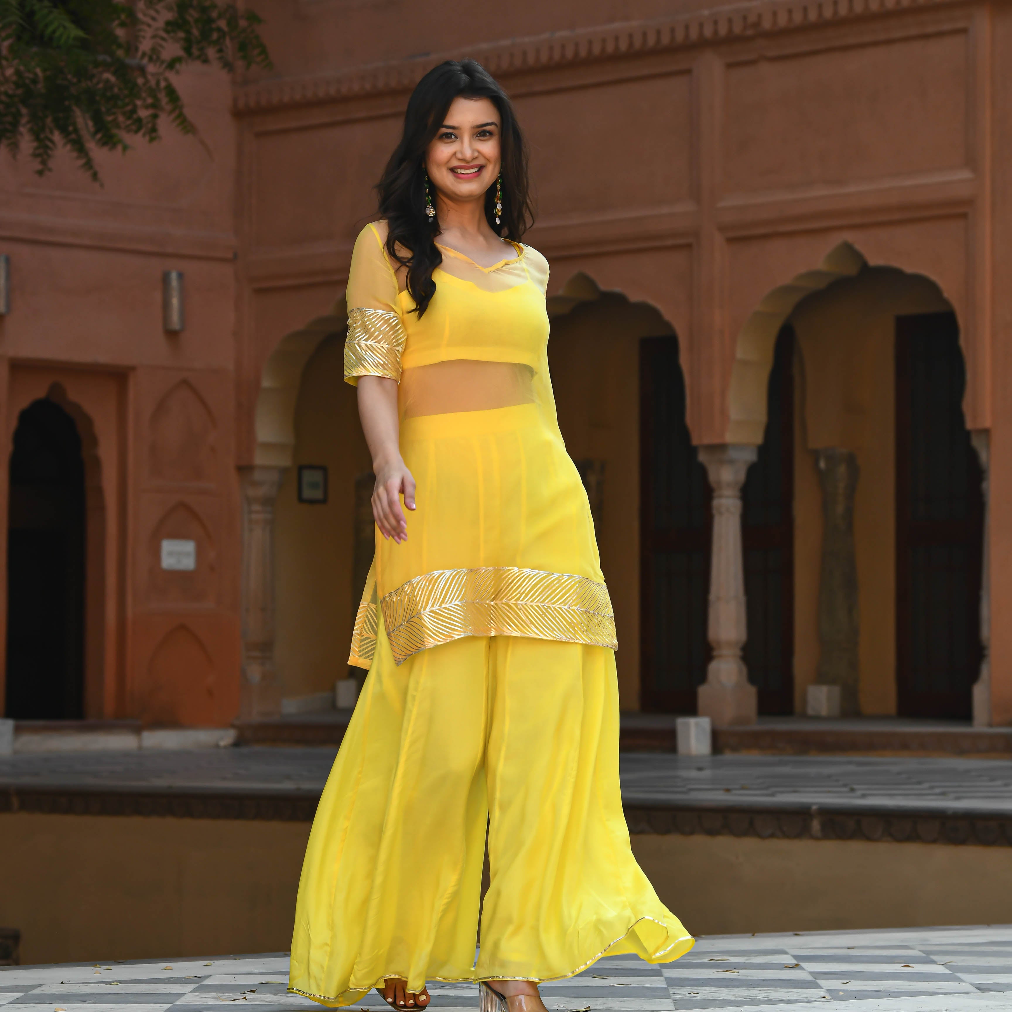 Golden Yellow Cotton Straight Pants With Dull Gold Zari
