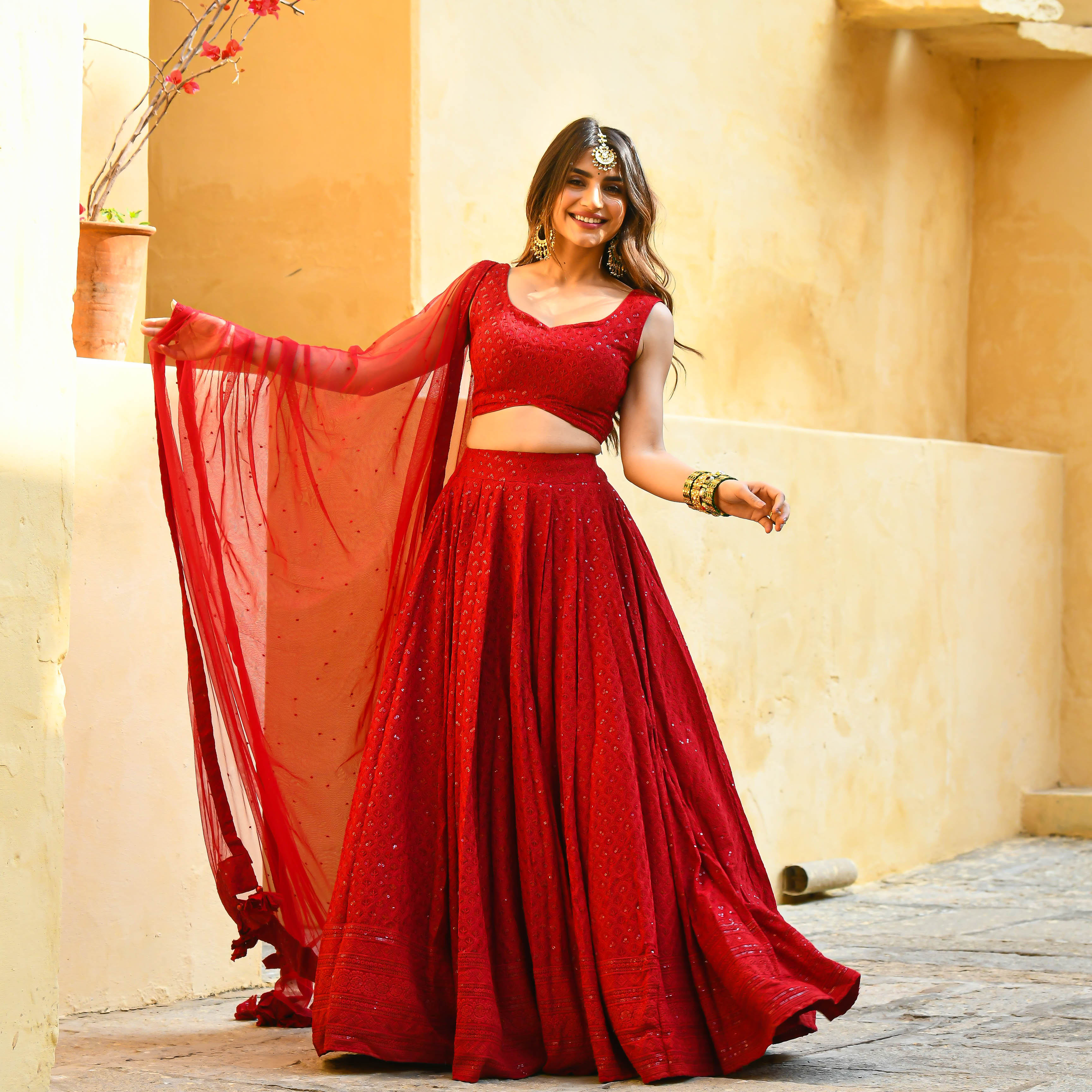 Maroon Chikankari Festive Ethnic Wear Lehenga Set For Women Online