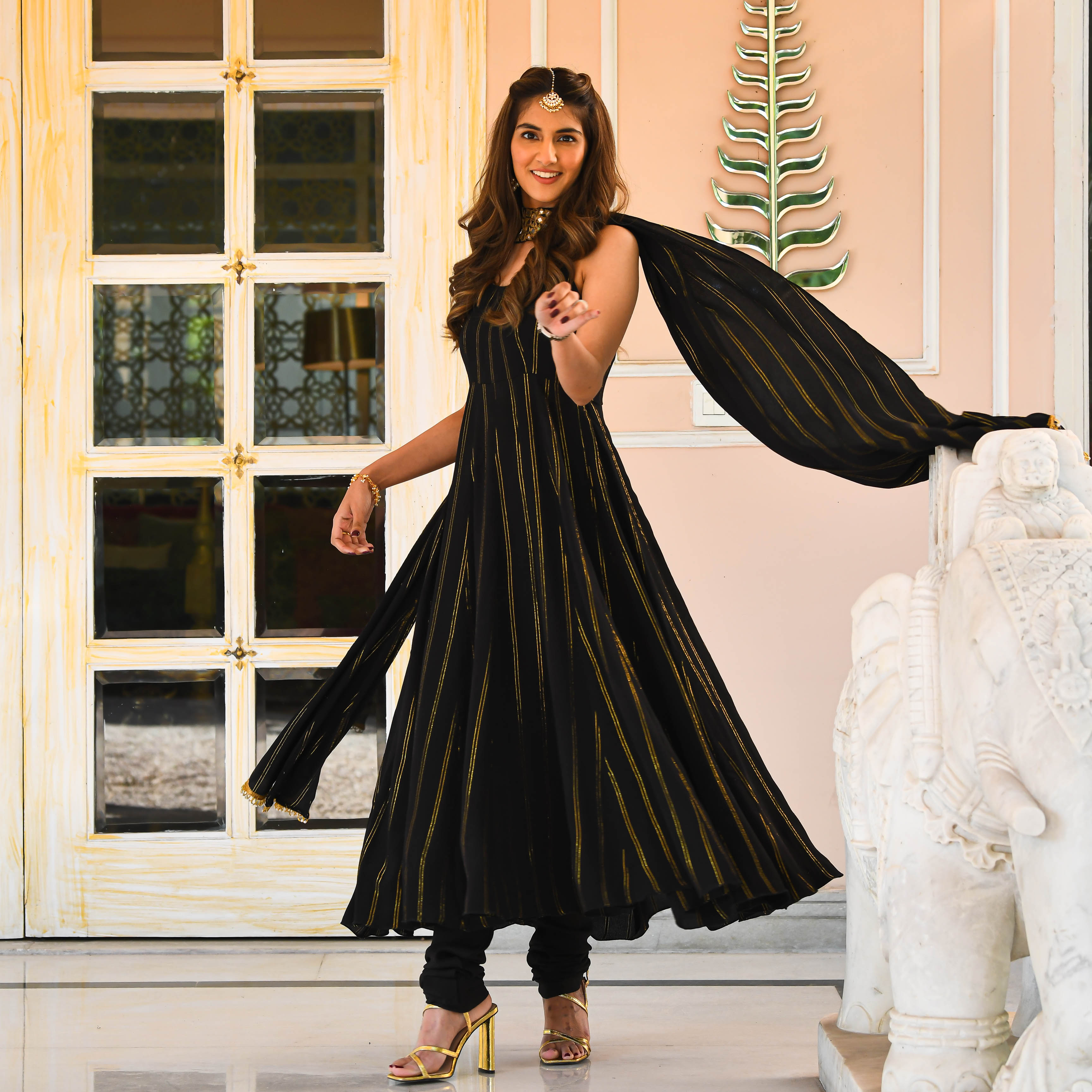 Buy Pretty Black Partywear Anarkali Suit online at Inddus.com. | Champagne  evening dress, Sleeveless wedding gown, Wedding gowns online