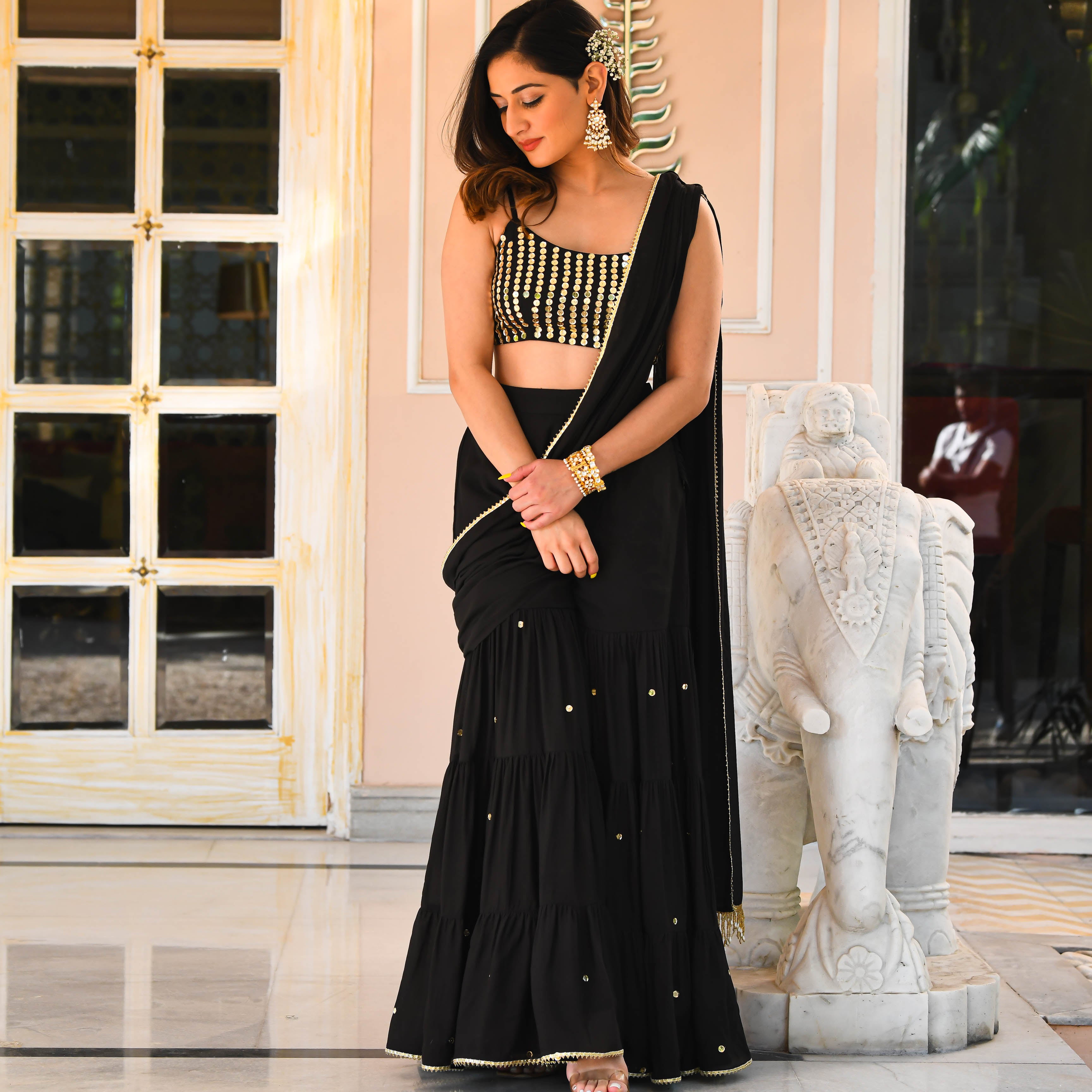 Black Pre Draped saree for women