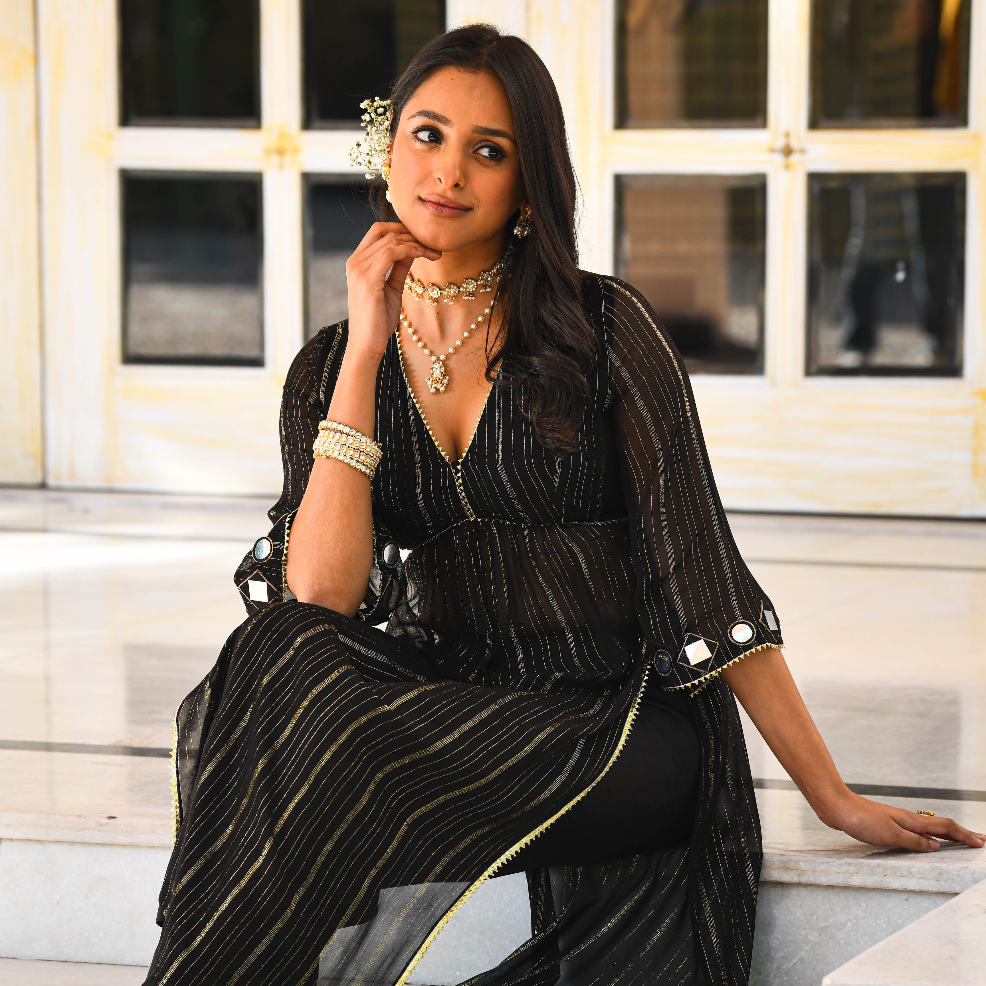 Shimmer Lurex Black Designer Kurta Set For Women Online