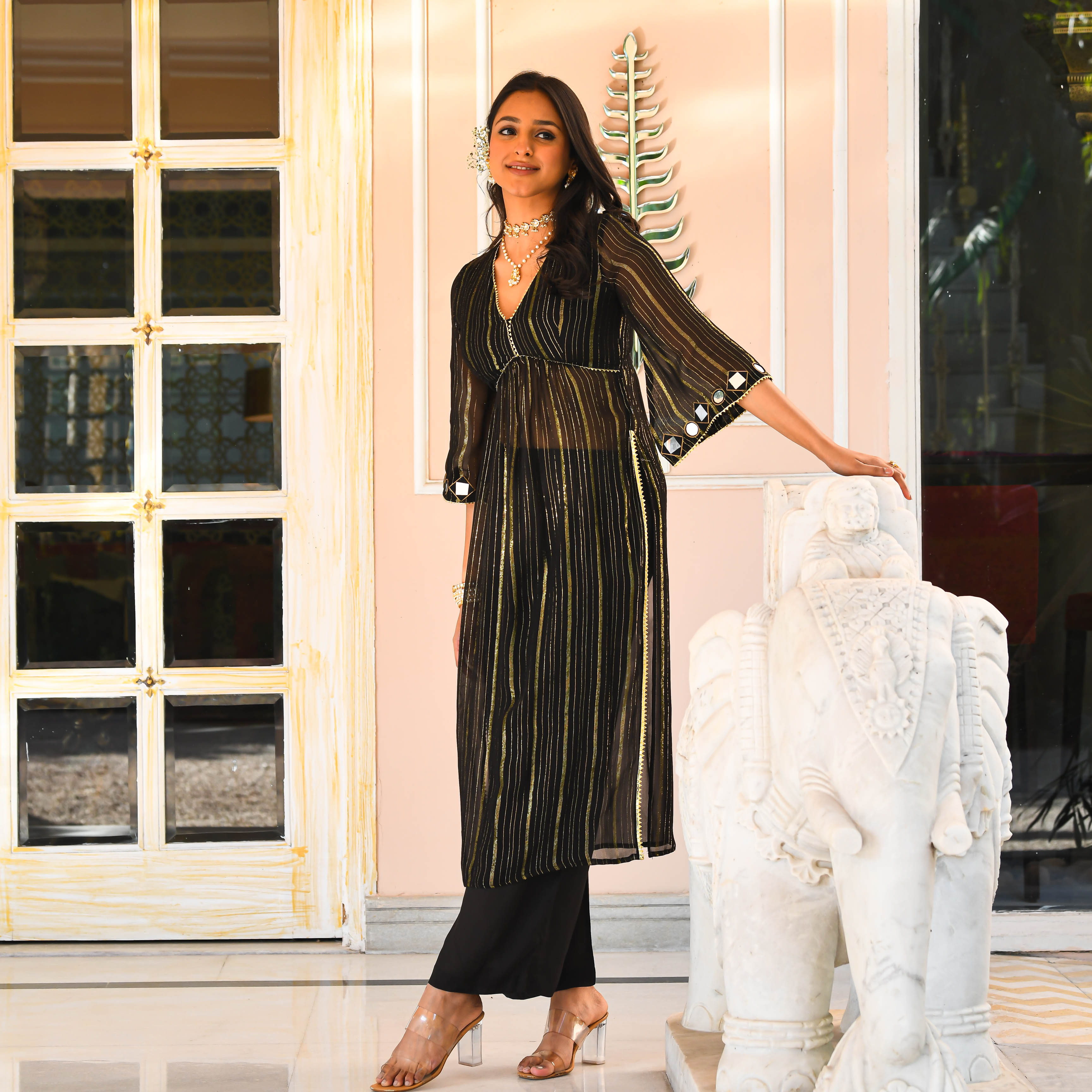 Shimmer Lurex Black Designer Kurta Set For Women Online