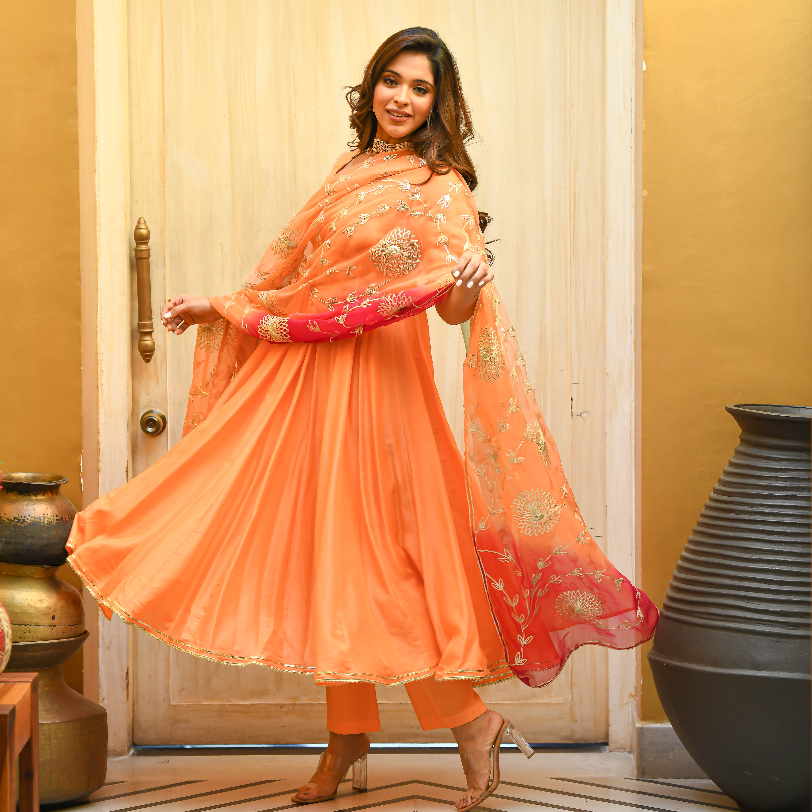 Orange Cotton Silk Anarkali Suit Set with gota work