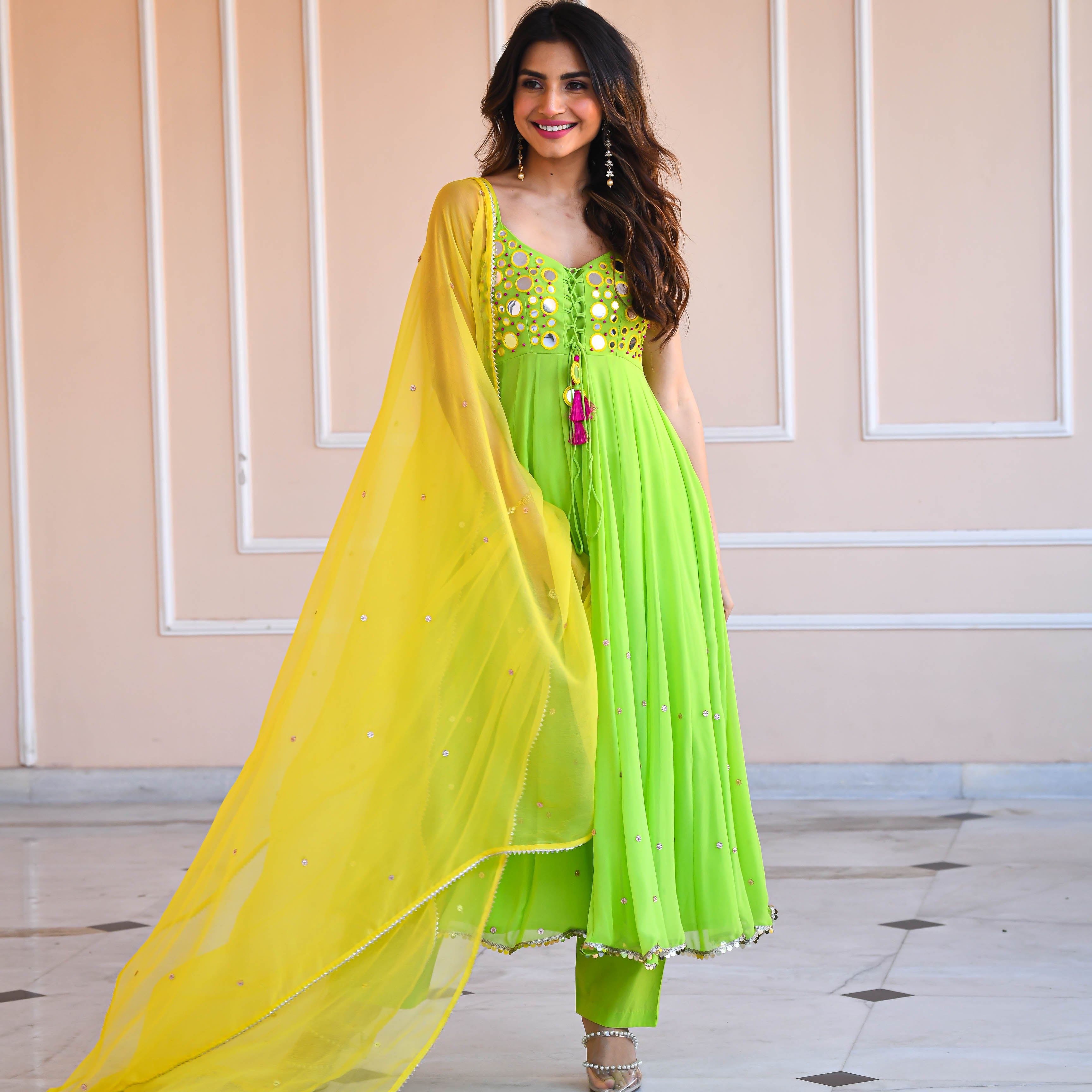 Georgette Green Yellow Anarkali Suit Set with Mirror Work