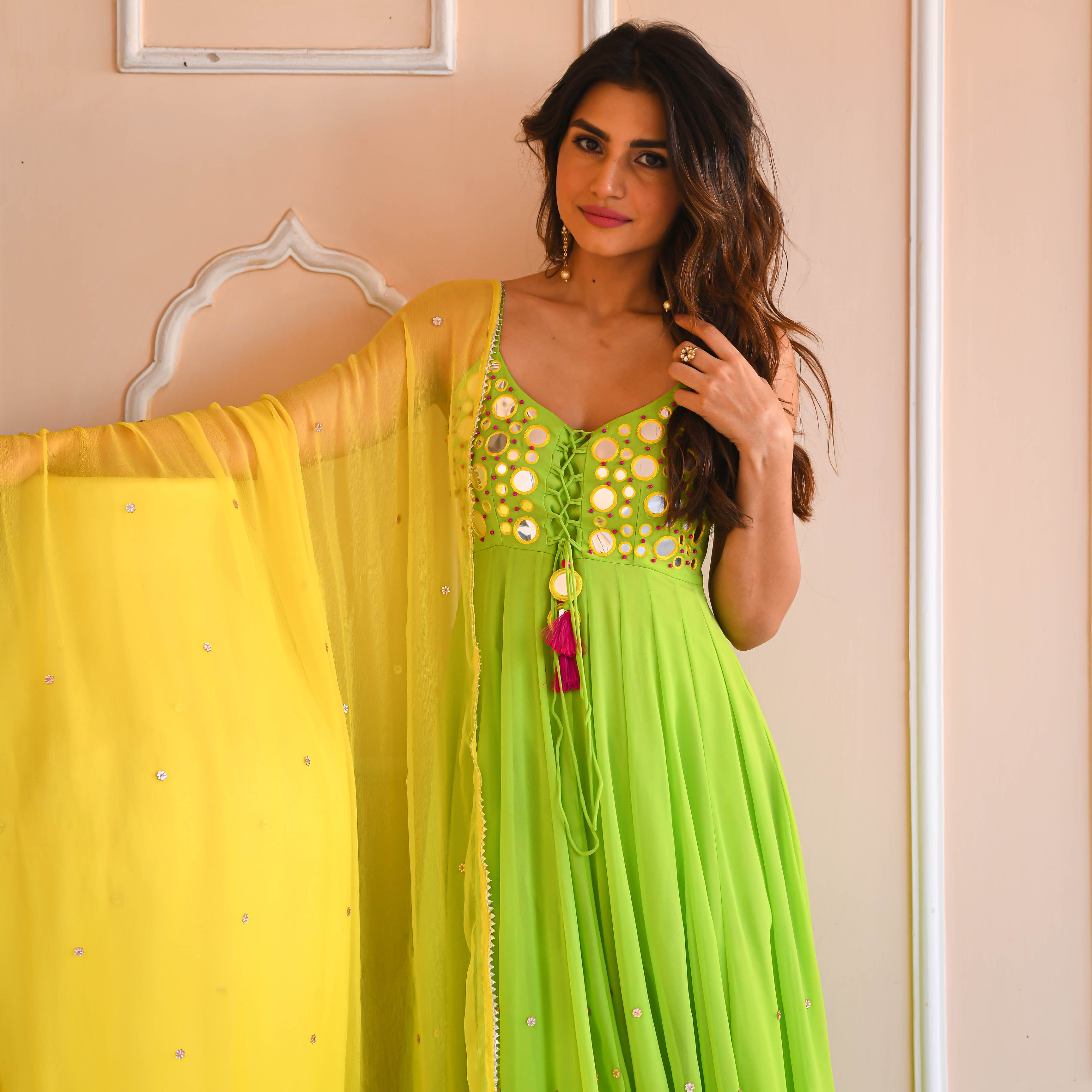 Georgette Green Yellow Anarkali Suit Set with Mirror Work