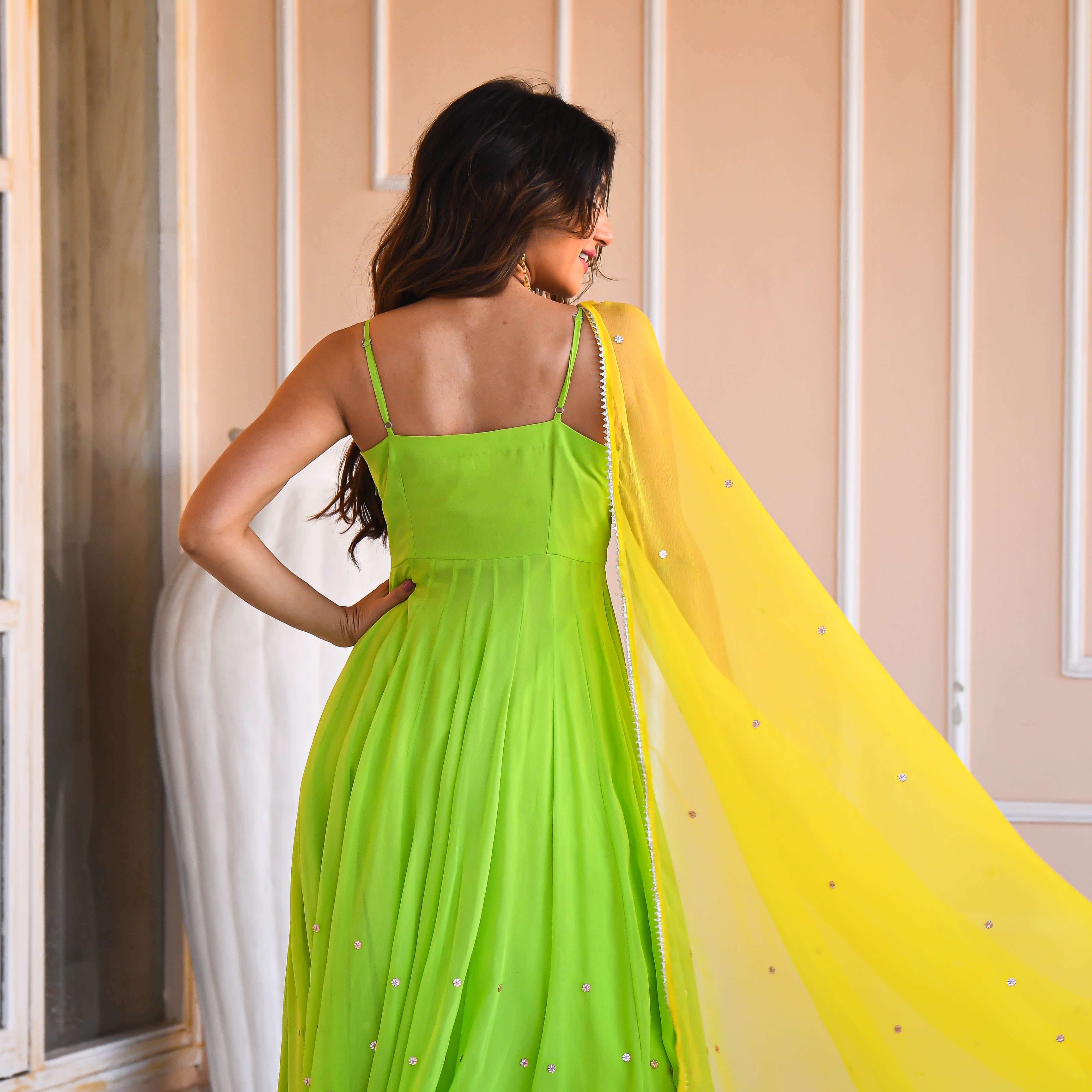 Georgette Green Yellow Anarkali Suit Set with Mirror Work