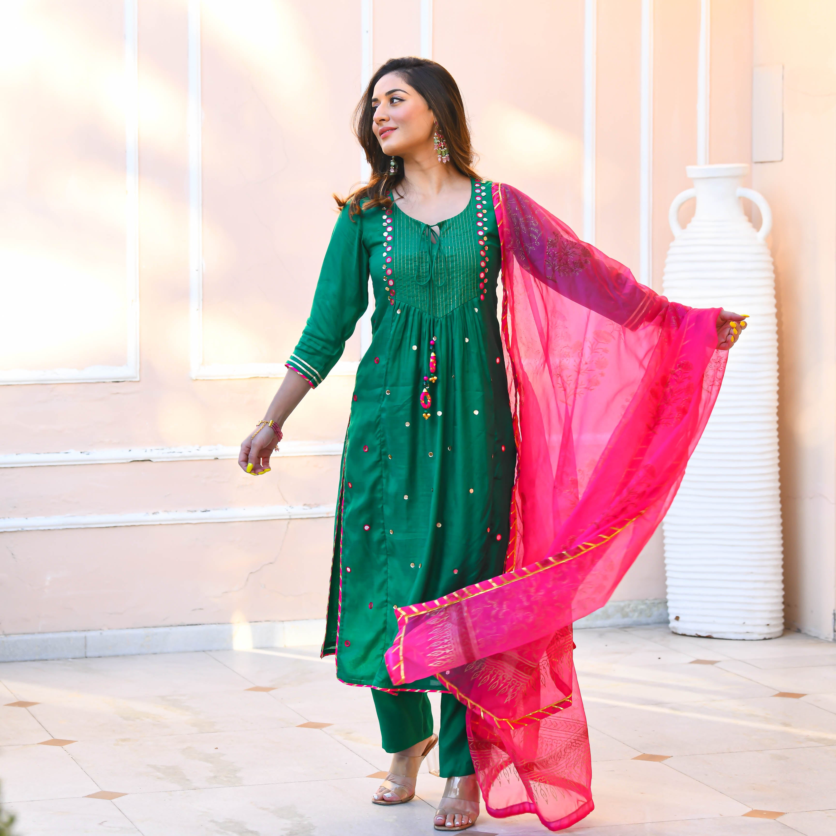 Green Pink Mirror Work Suit Set