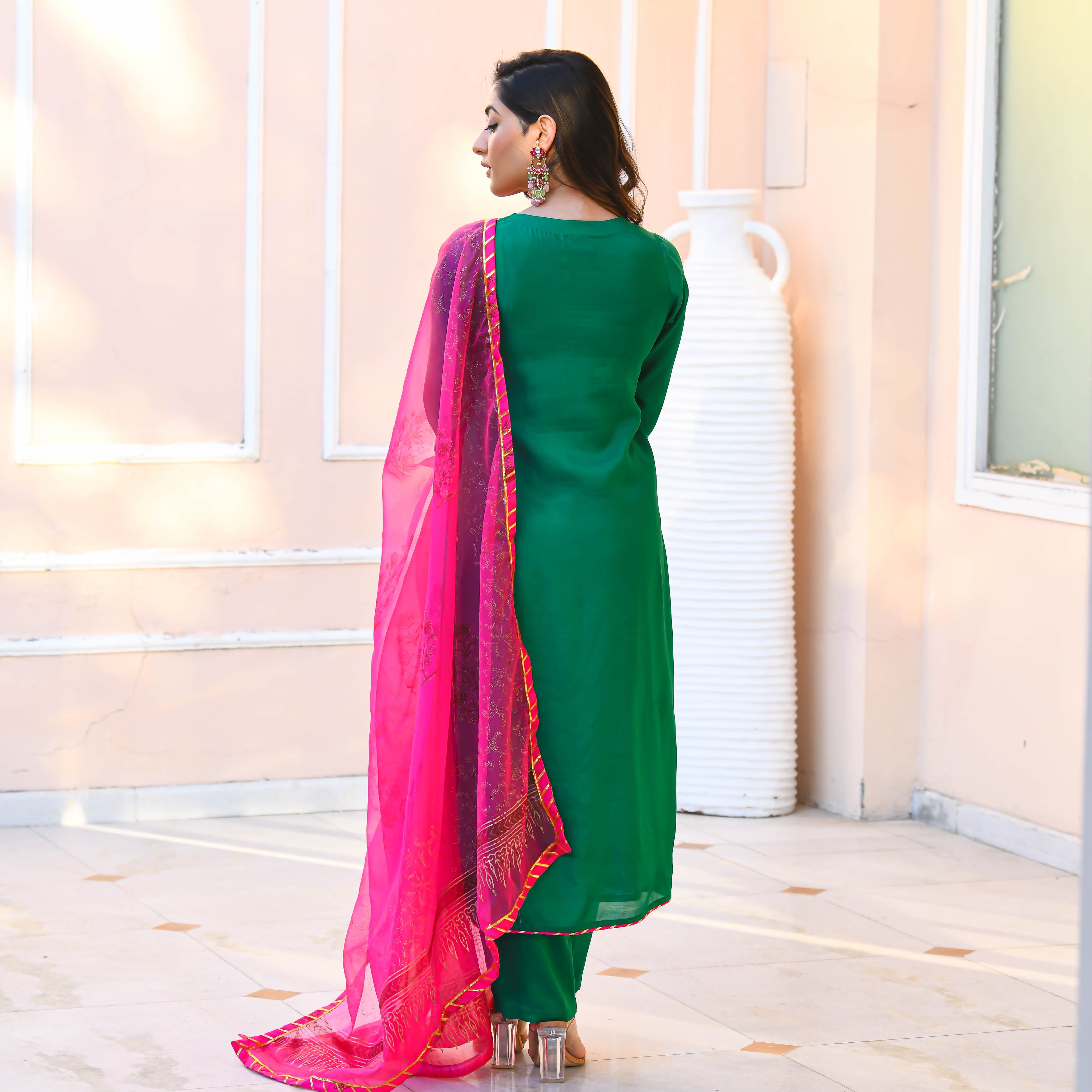 Green Pink Mirror Work Suit Set