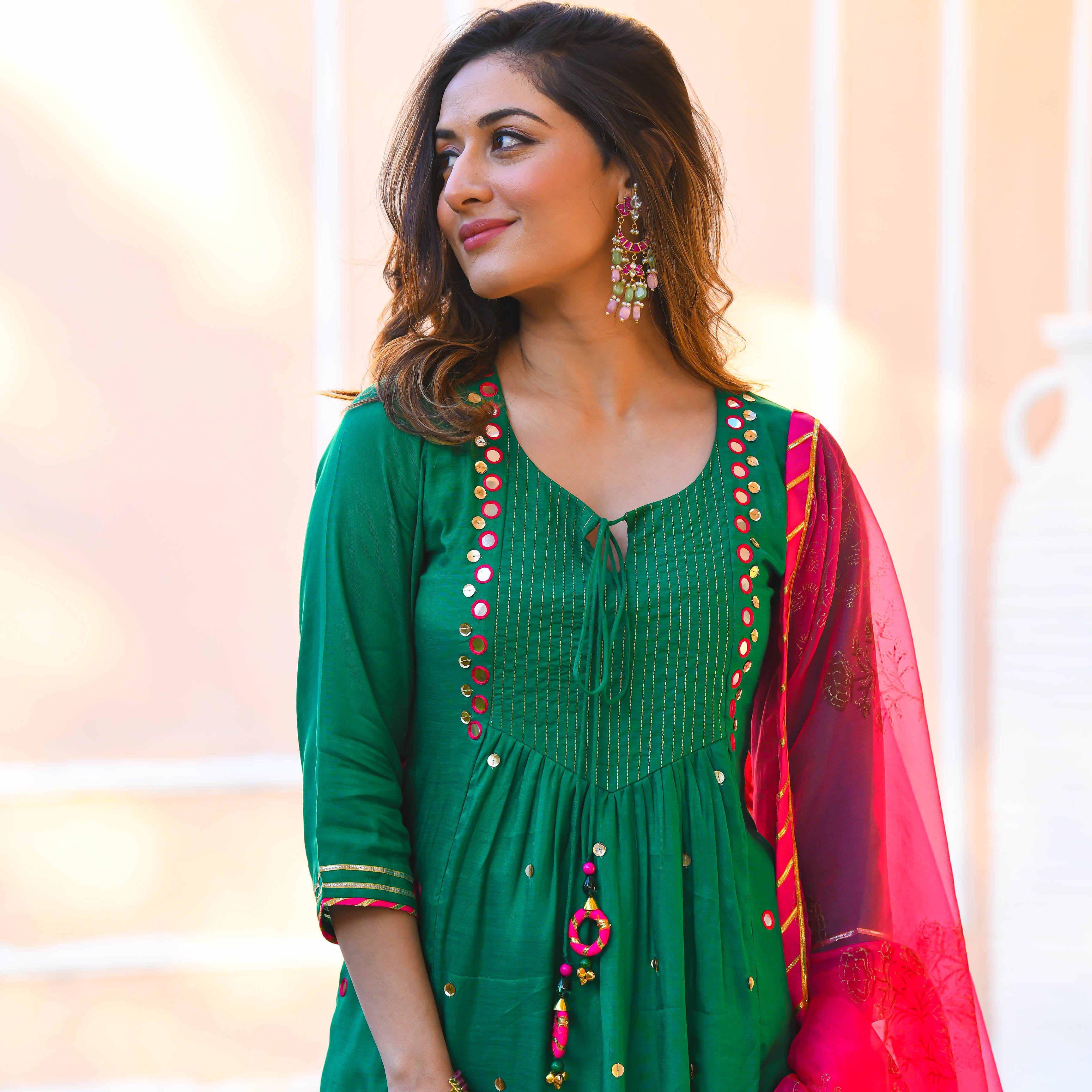 Green Pink Cotton Silk Mirror Work Suit Set For Women Online