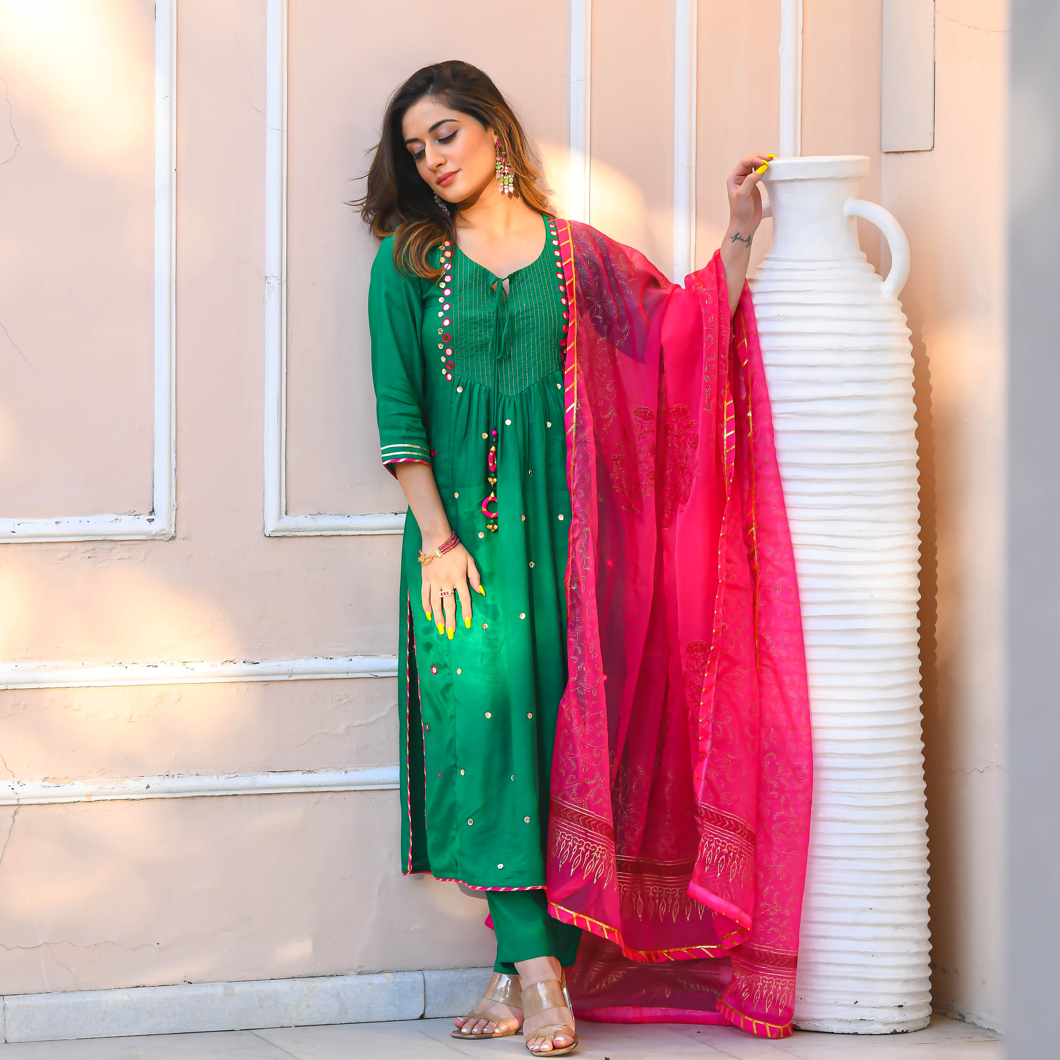 Green Pink Mirror Work Suit Set