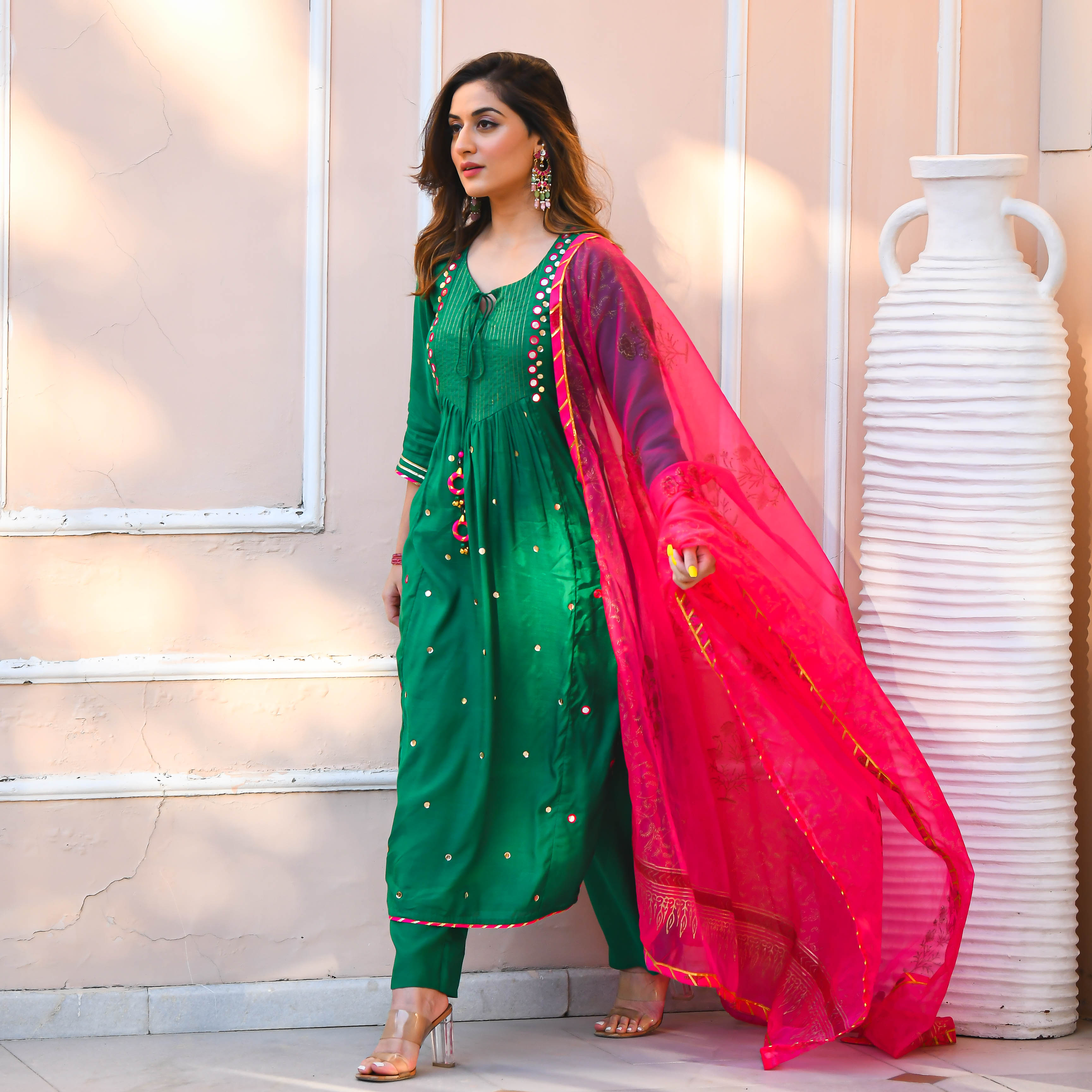 Green Pink Cotton Silk Mirror Work Suit Set For Women Online