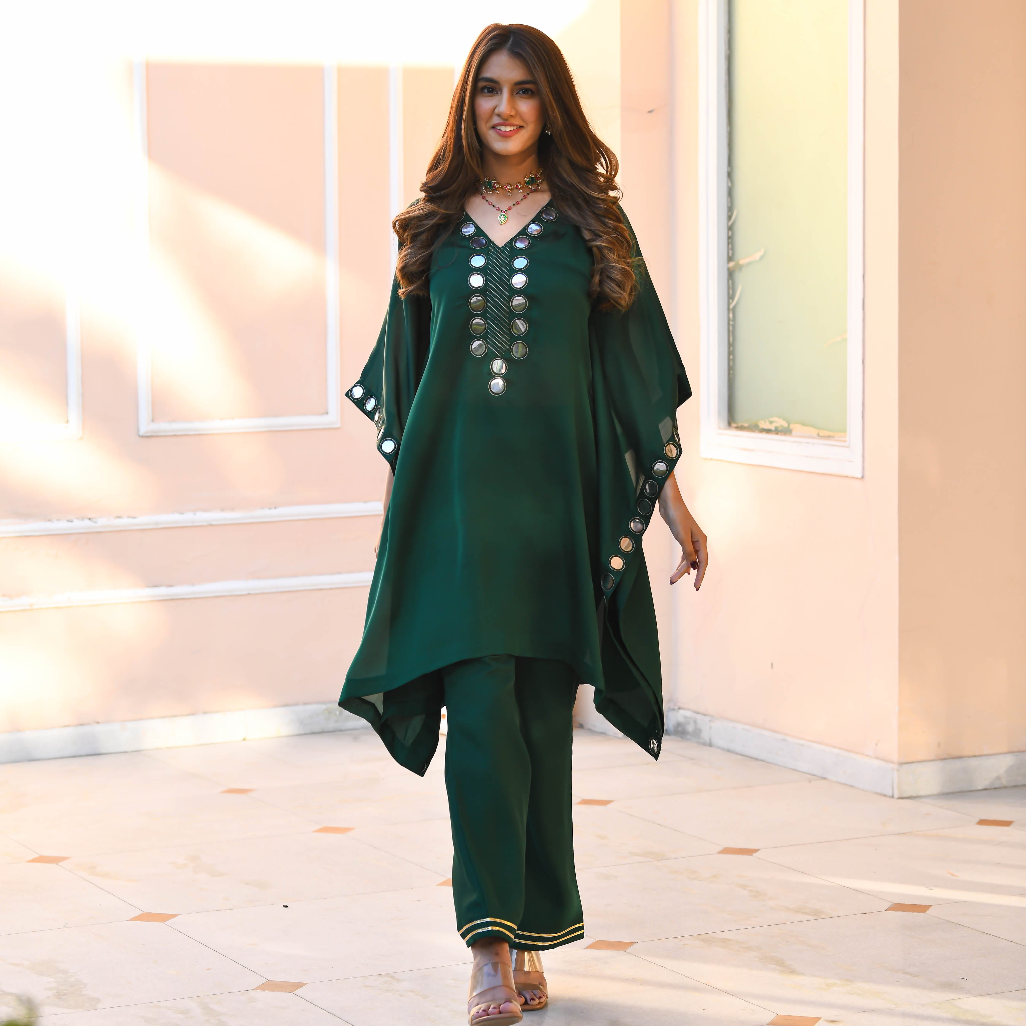 Dark Green Mirror work Kaftan Set for women