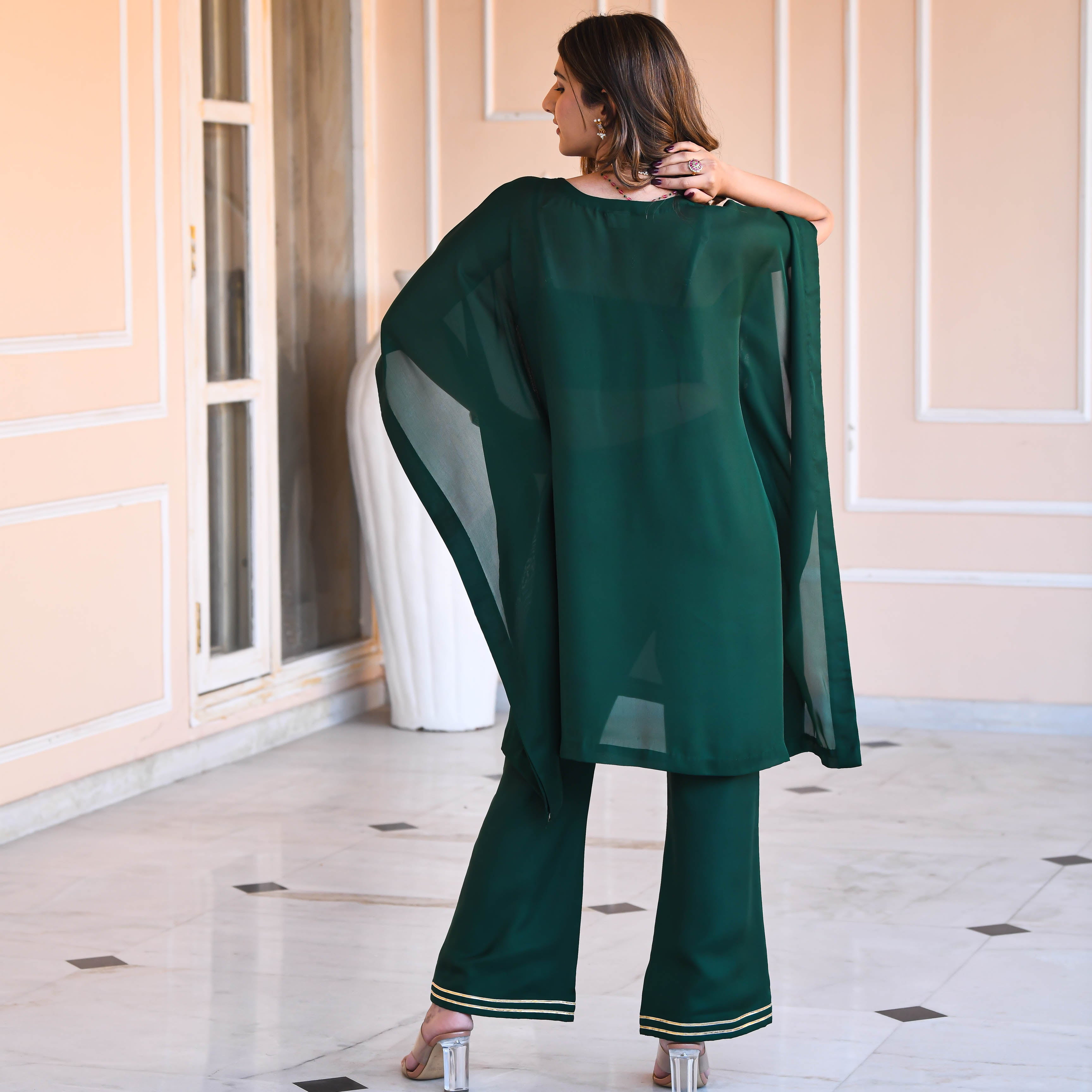 Dark Green Mirror work Kaftan Set for women
