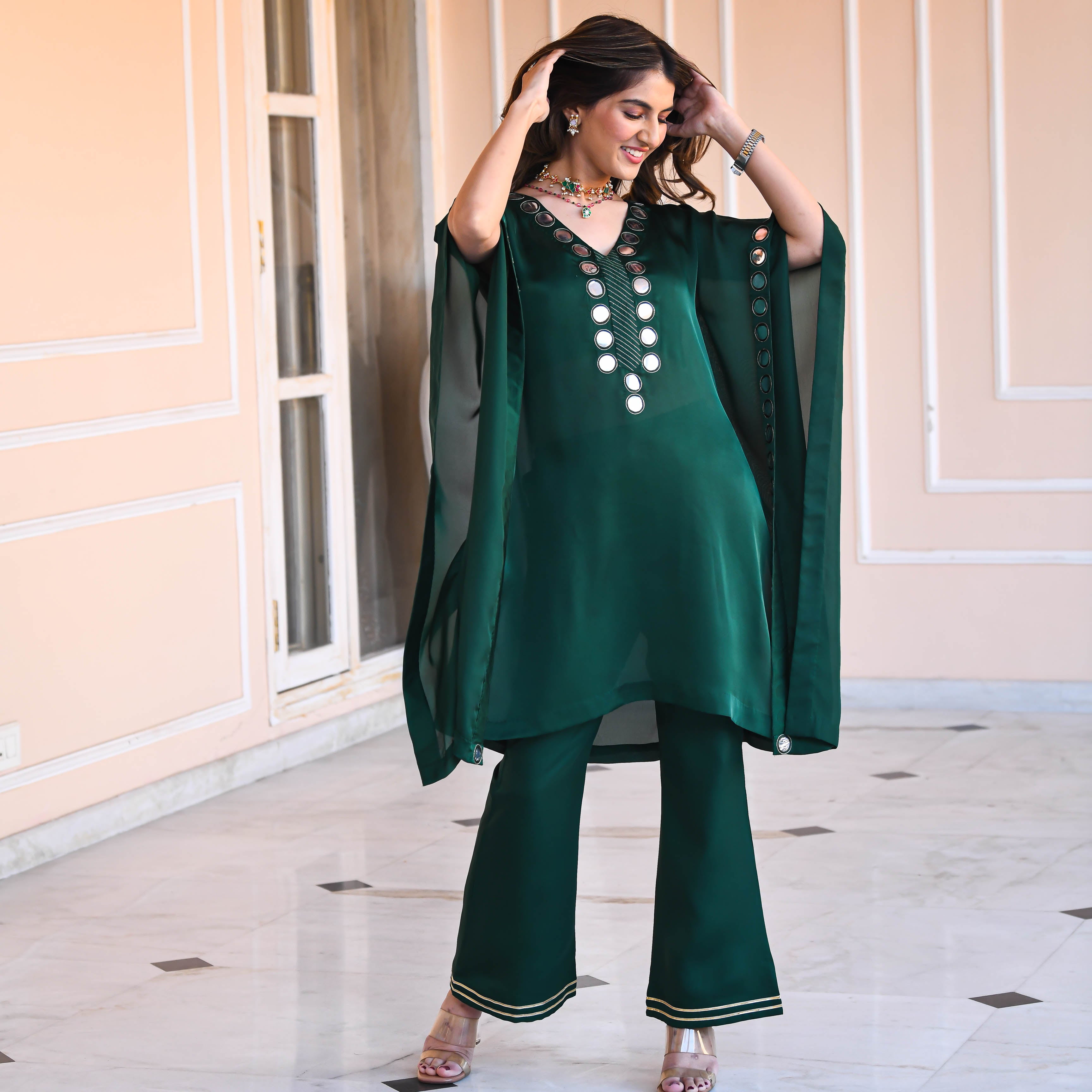 Dark Green Mirror work Kaftan Set for women