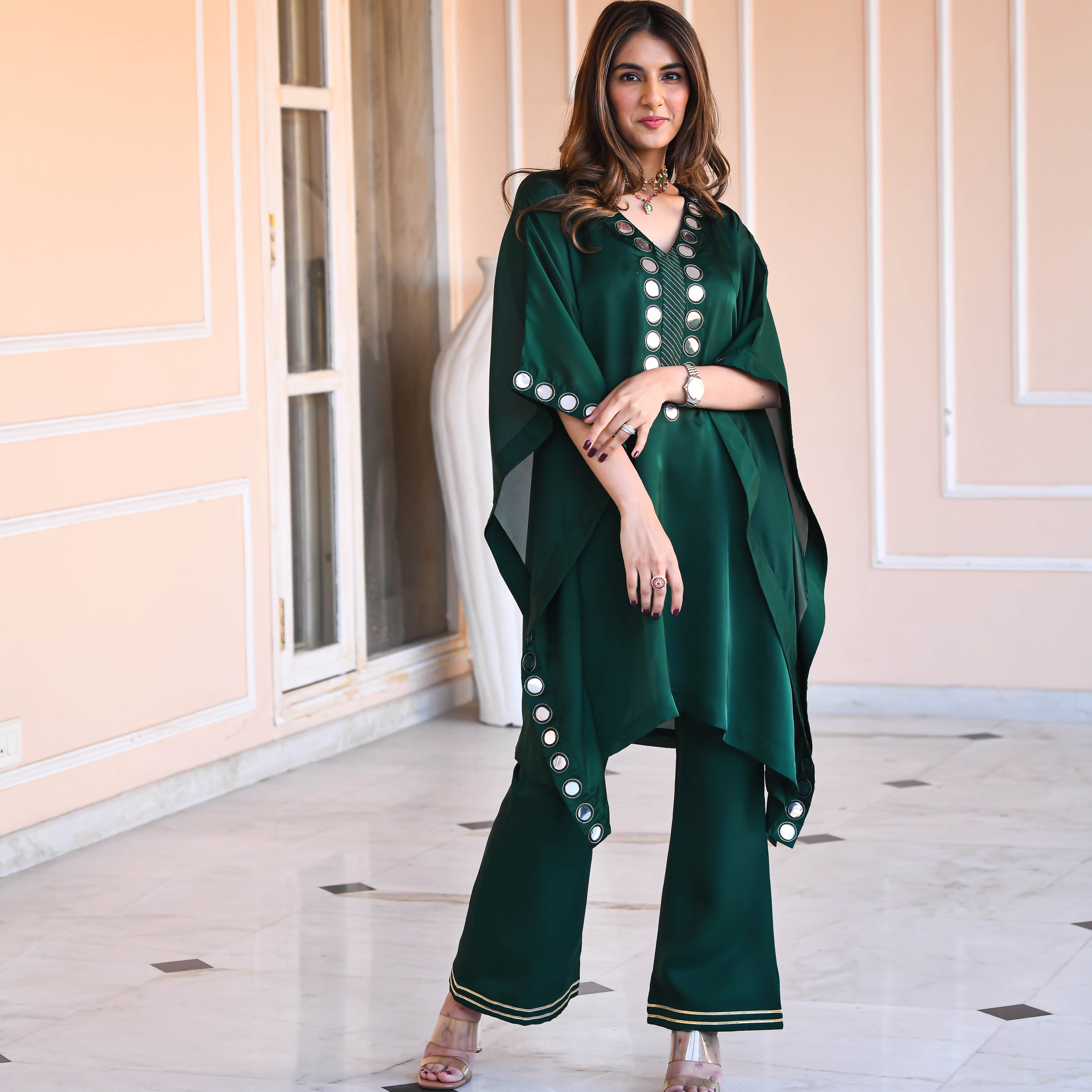 Dark Green Mirror work Kaftan Set for women