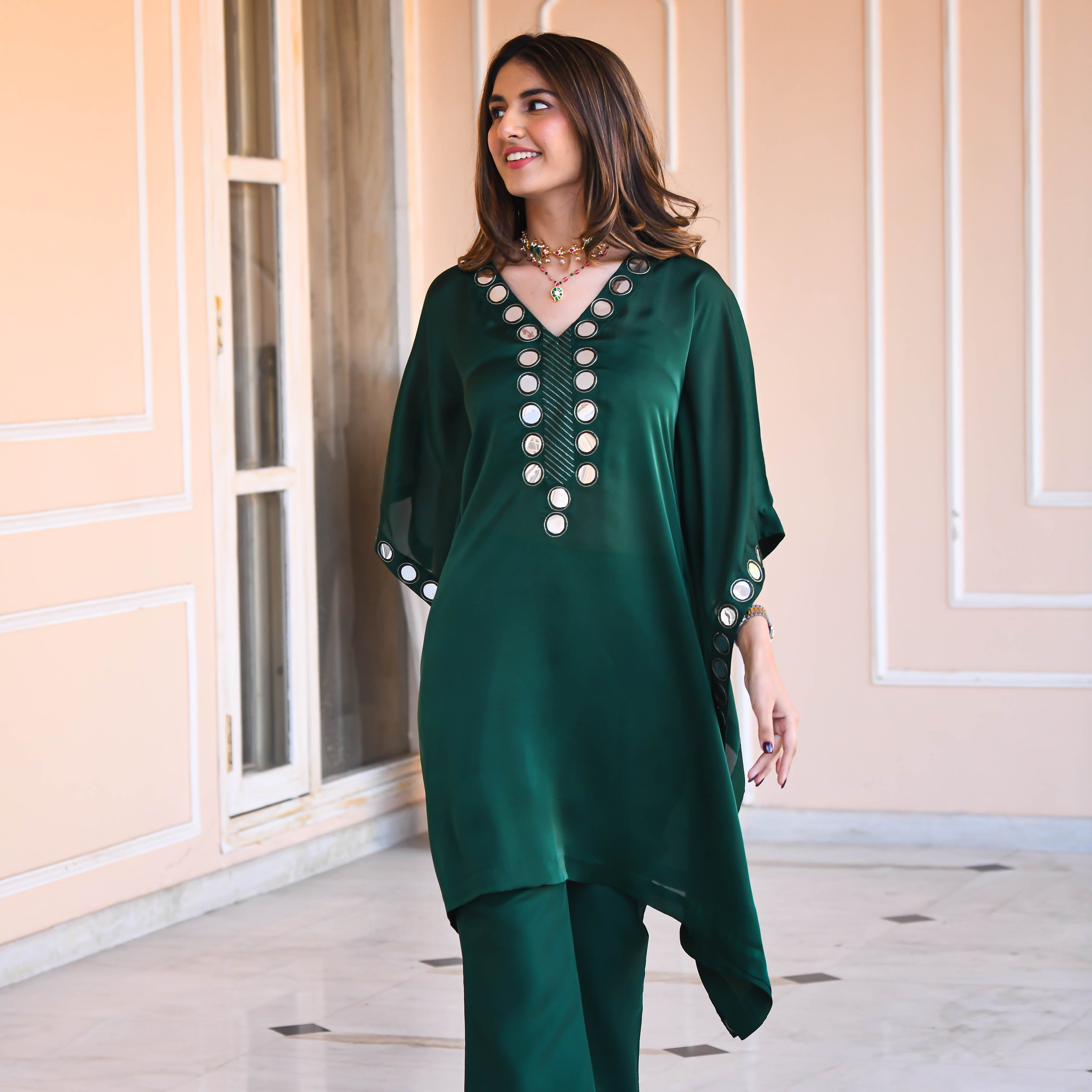 Dark Green Mirror work Kaftan Set for women