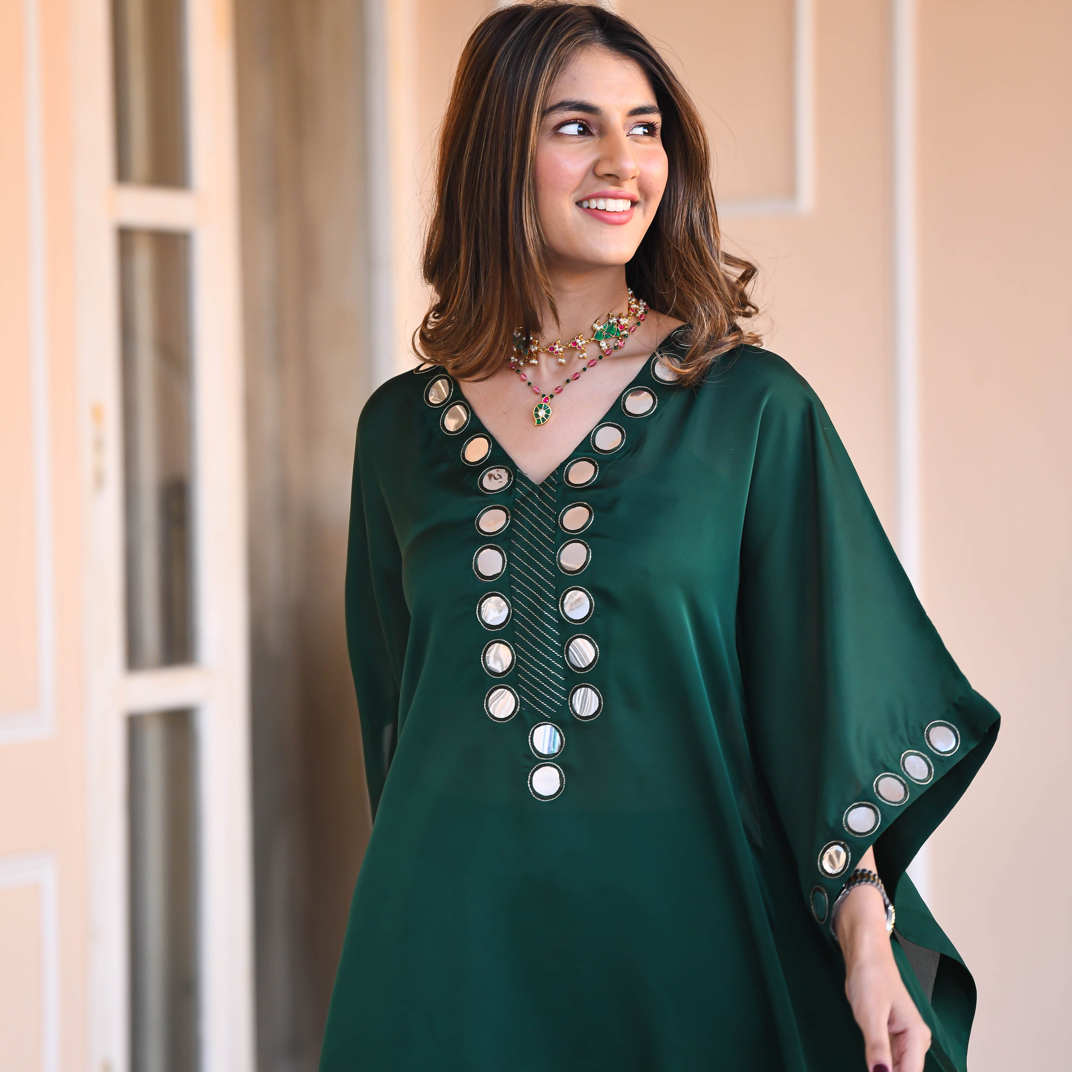 Dark Green Mirror work Kaftan Set for women