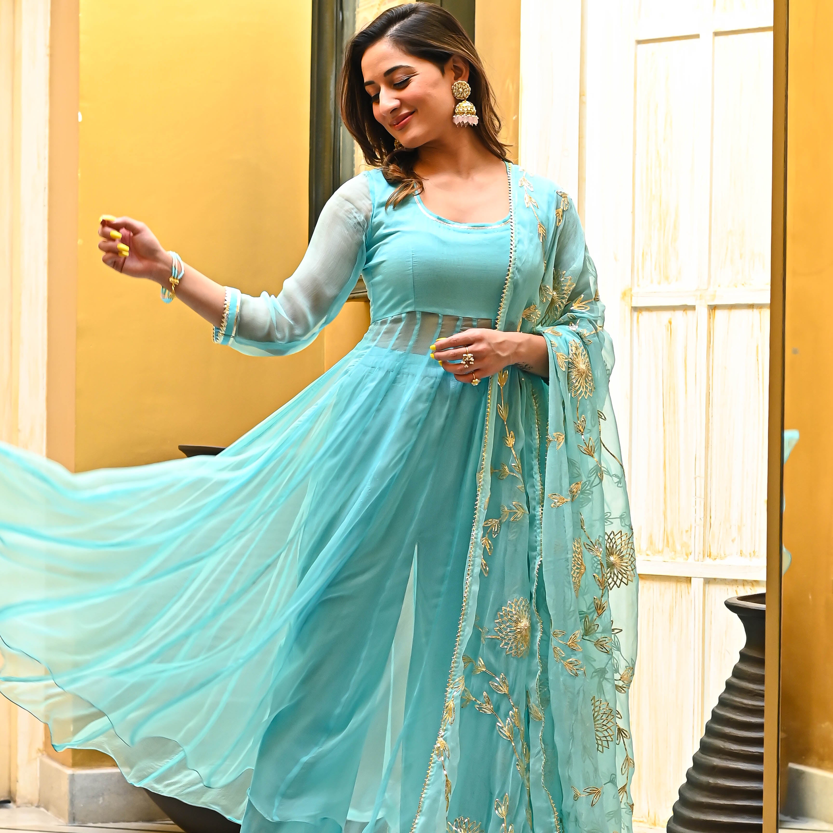 Light Blue Anarkali Suit Set with Gota Work