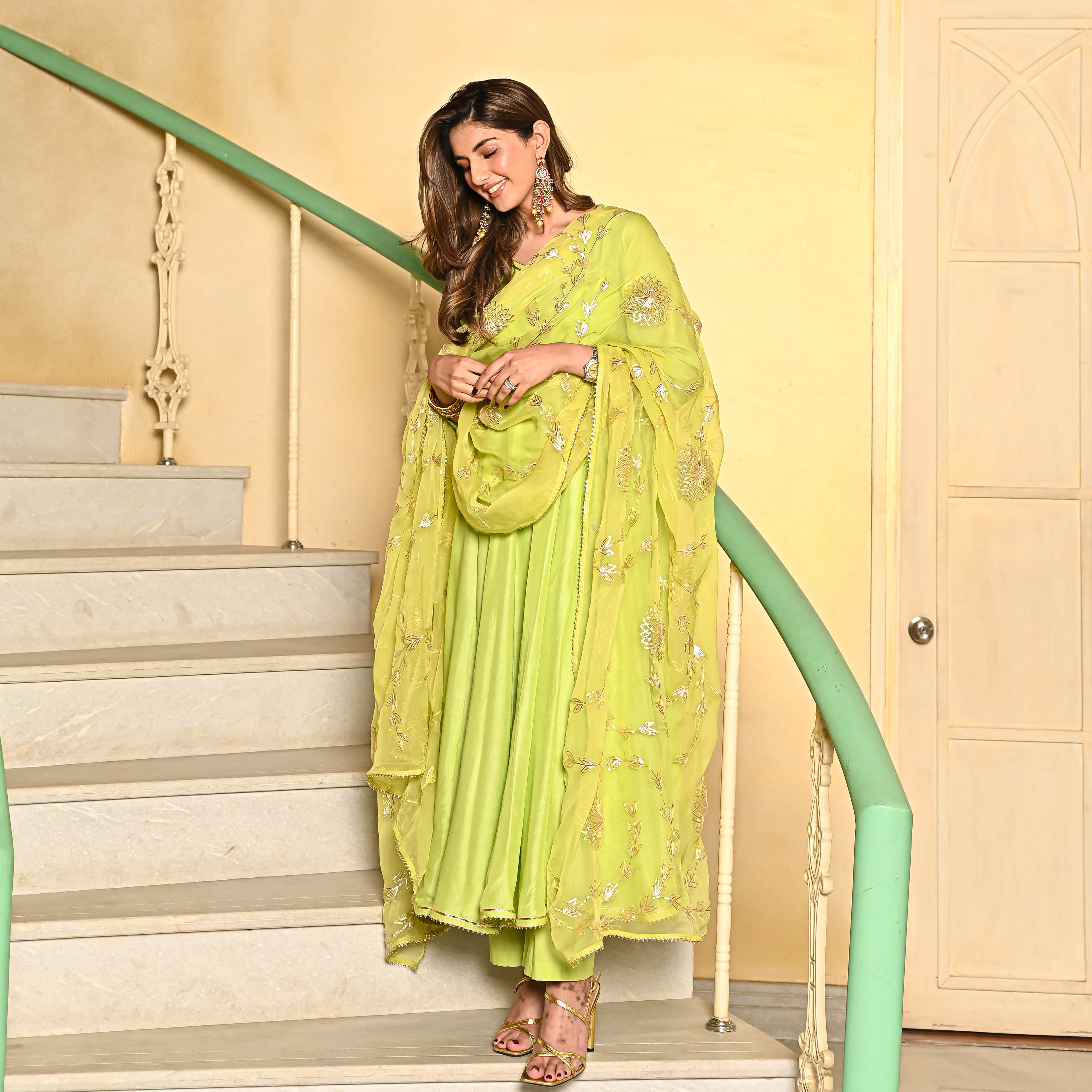 Cotton Silk Green Anarkali Suit Set with gota work
