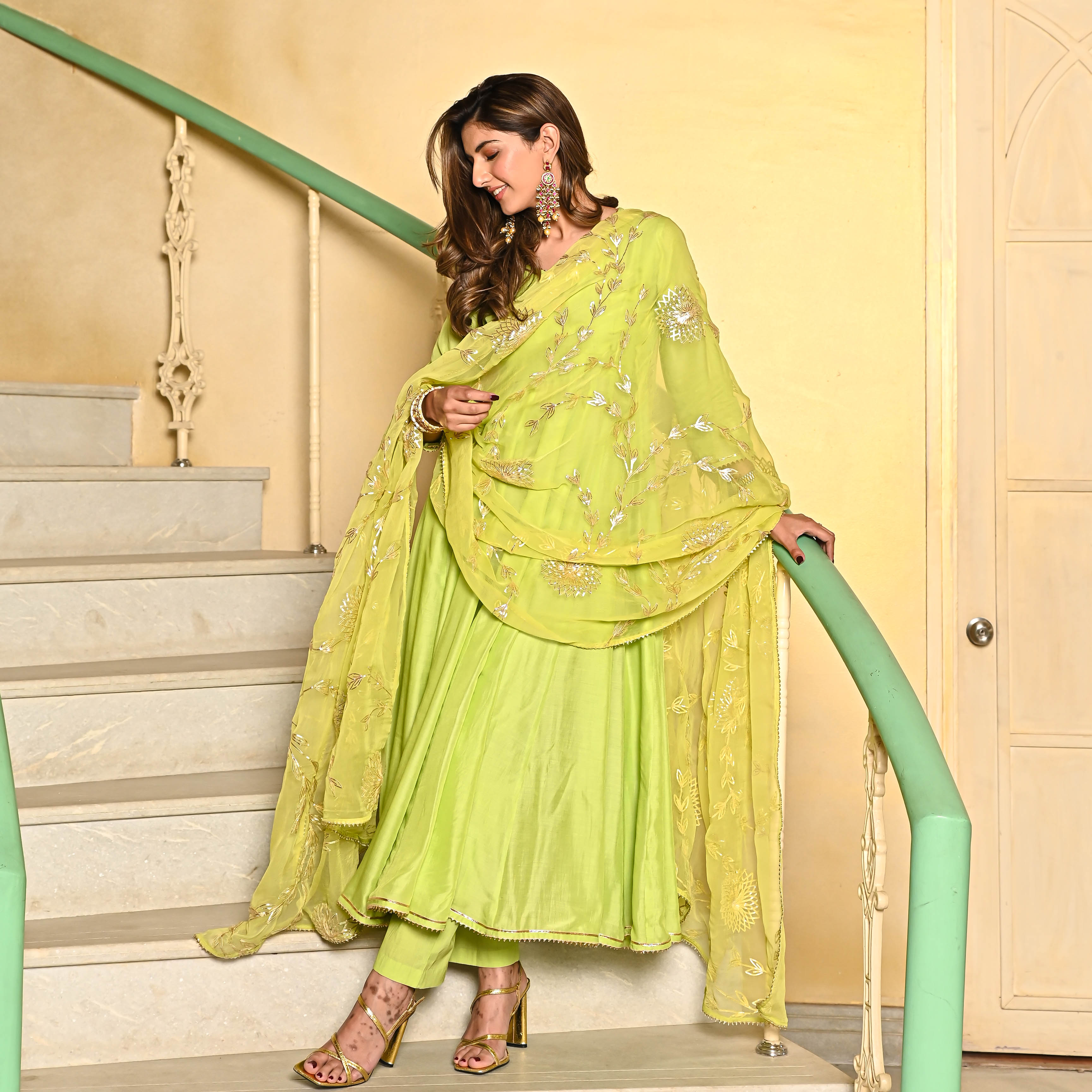 Perrot Green Modal Silk Embroidered Casual Festival Pant Salwar Kameez