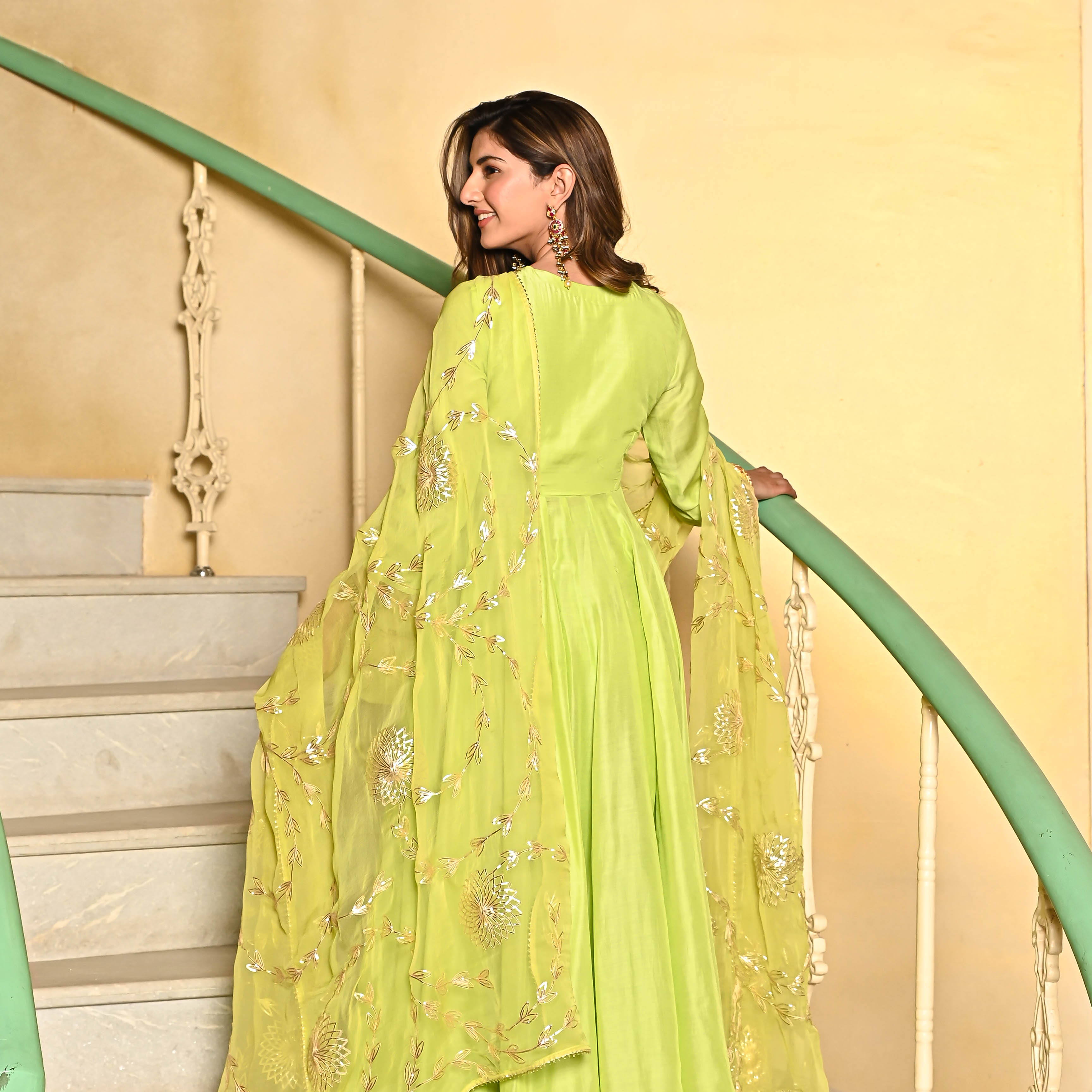 Cotton Silk Green Anarkali Suit Set with gota work