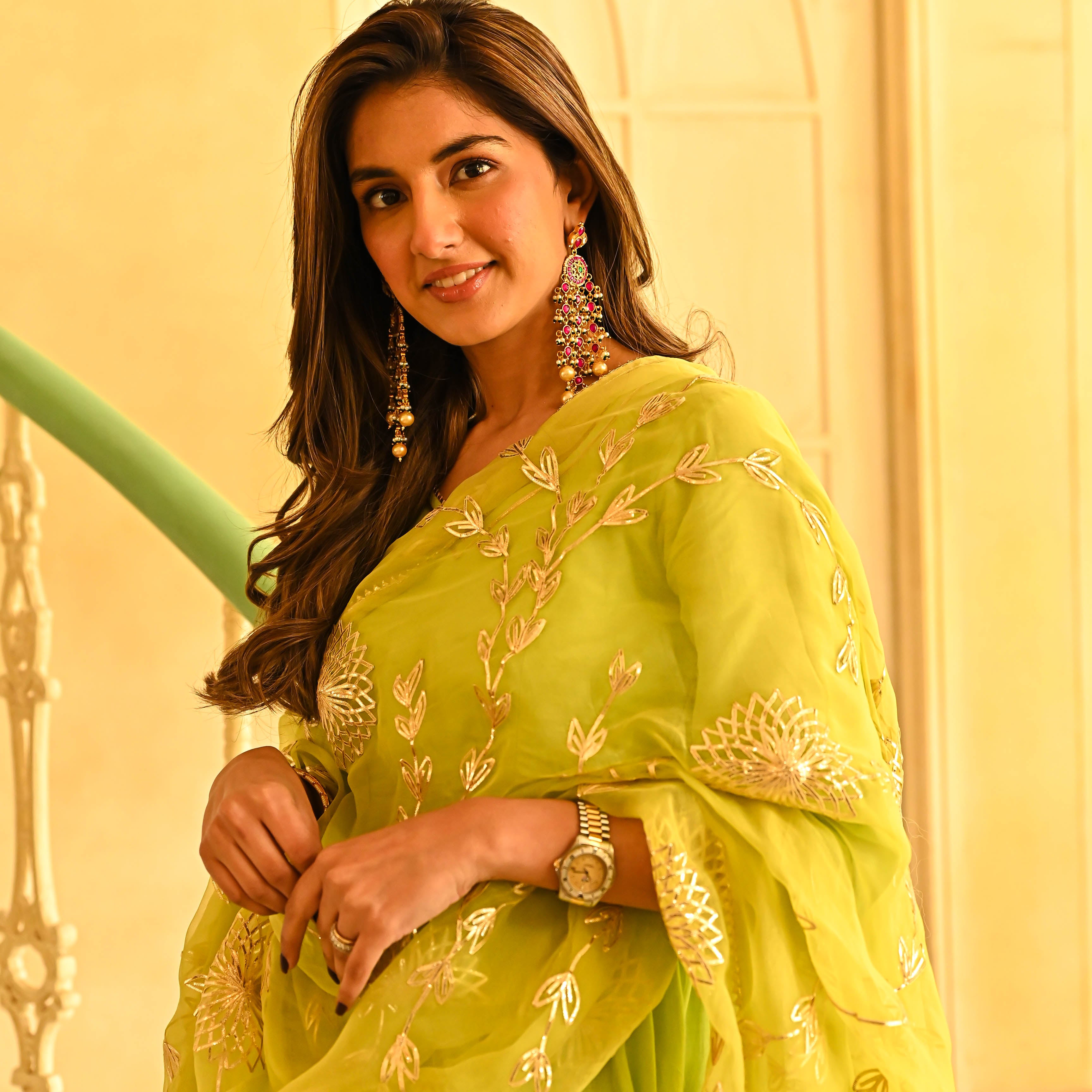 Cotton Silk Green Anarkali Suit Set with gota work