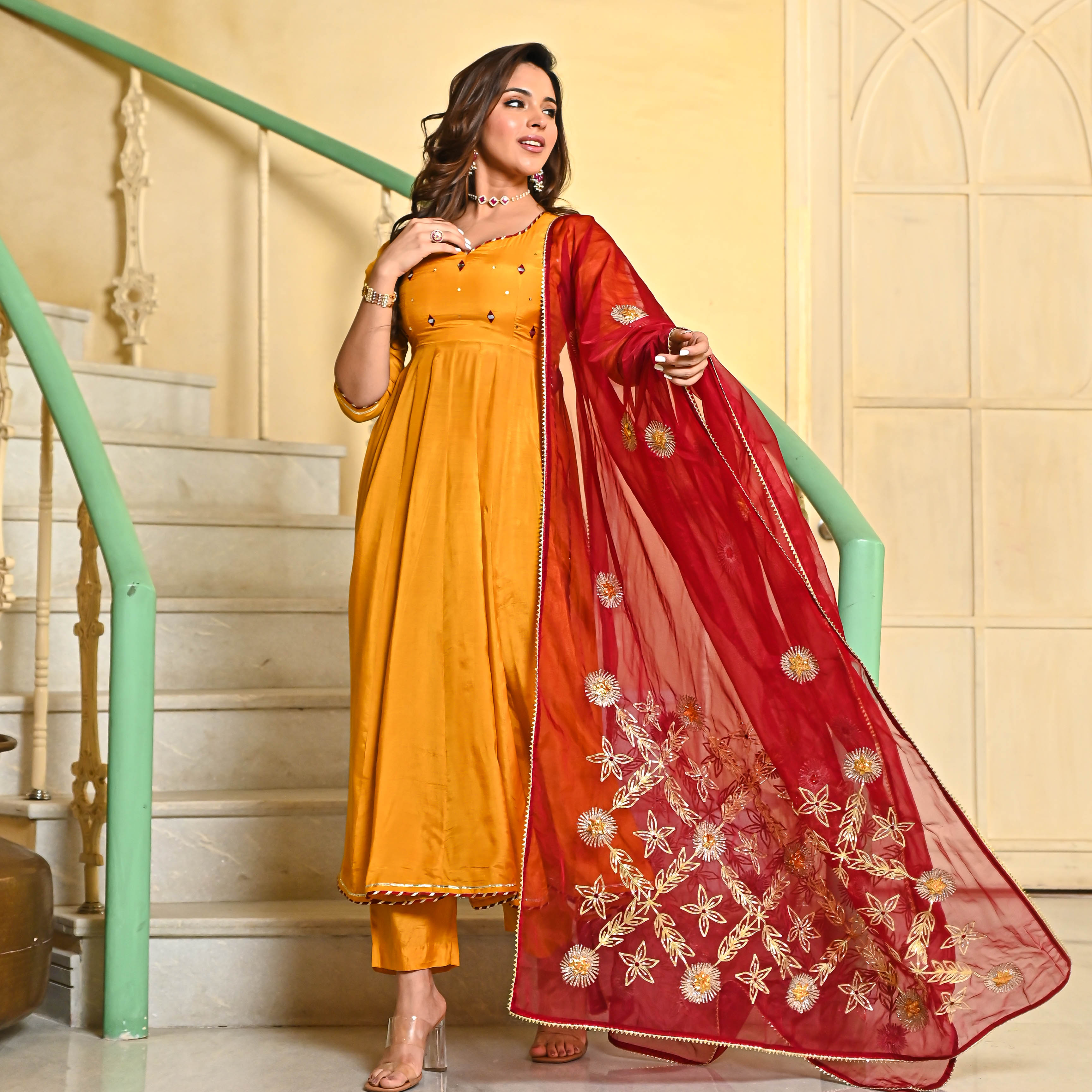 Yellow Mustard Anarkali Suit and Dupatta with Gotta work