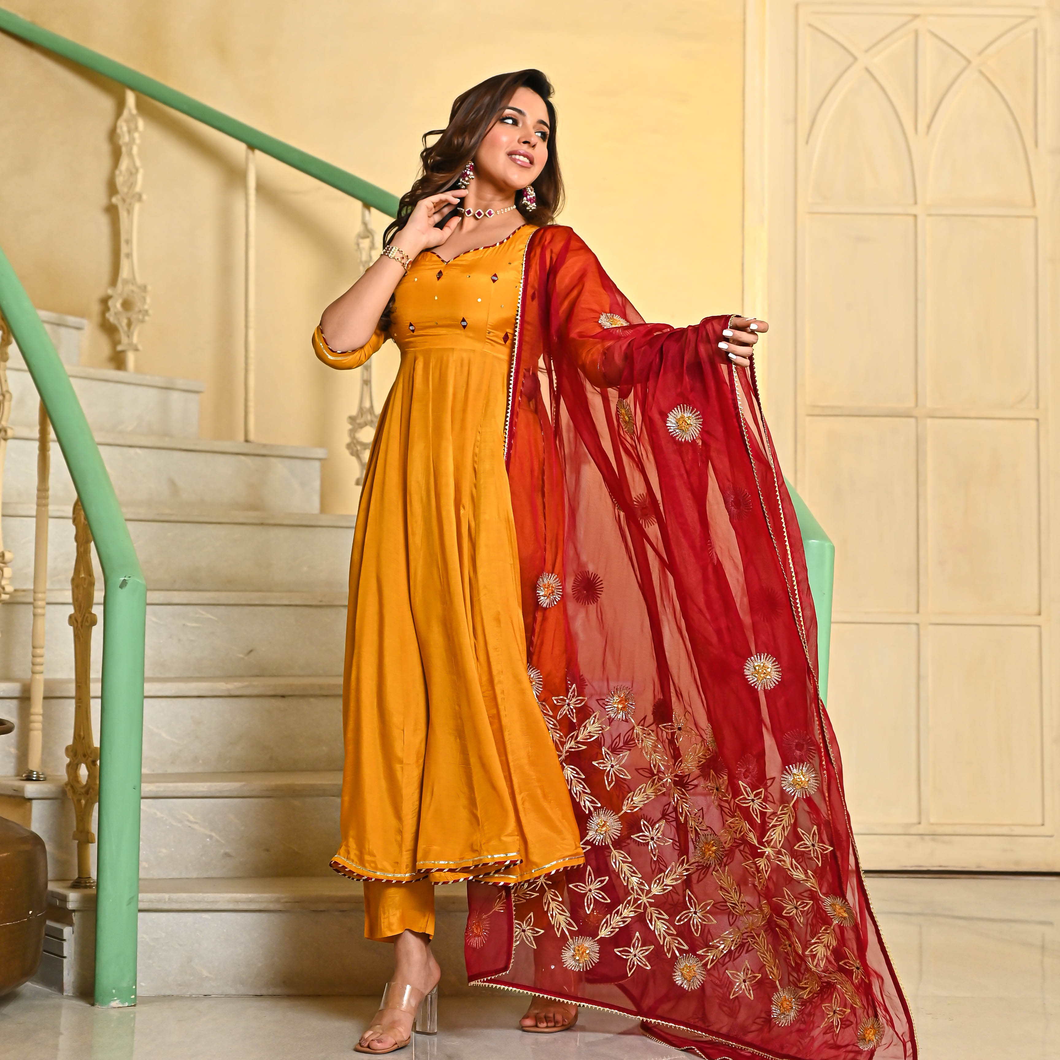 Yellow Mustard Anarkali Suit and Red Dupatta with Gotta work