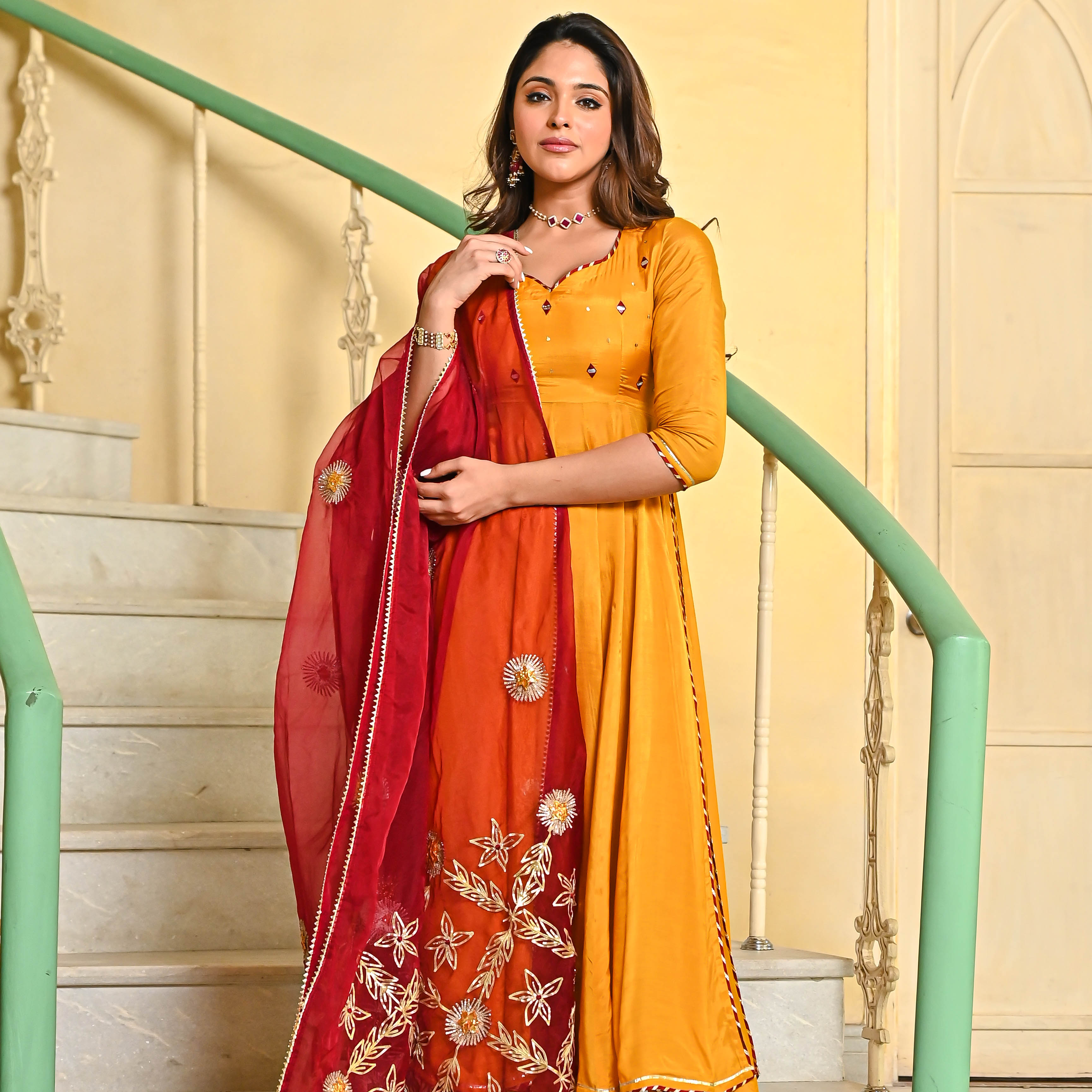 Leheriya Printed Georgette Pakistani Suit in Yellow and Orange : KJN3757