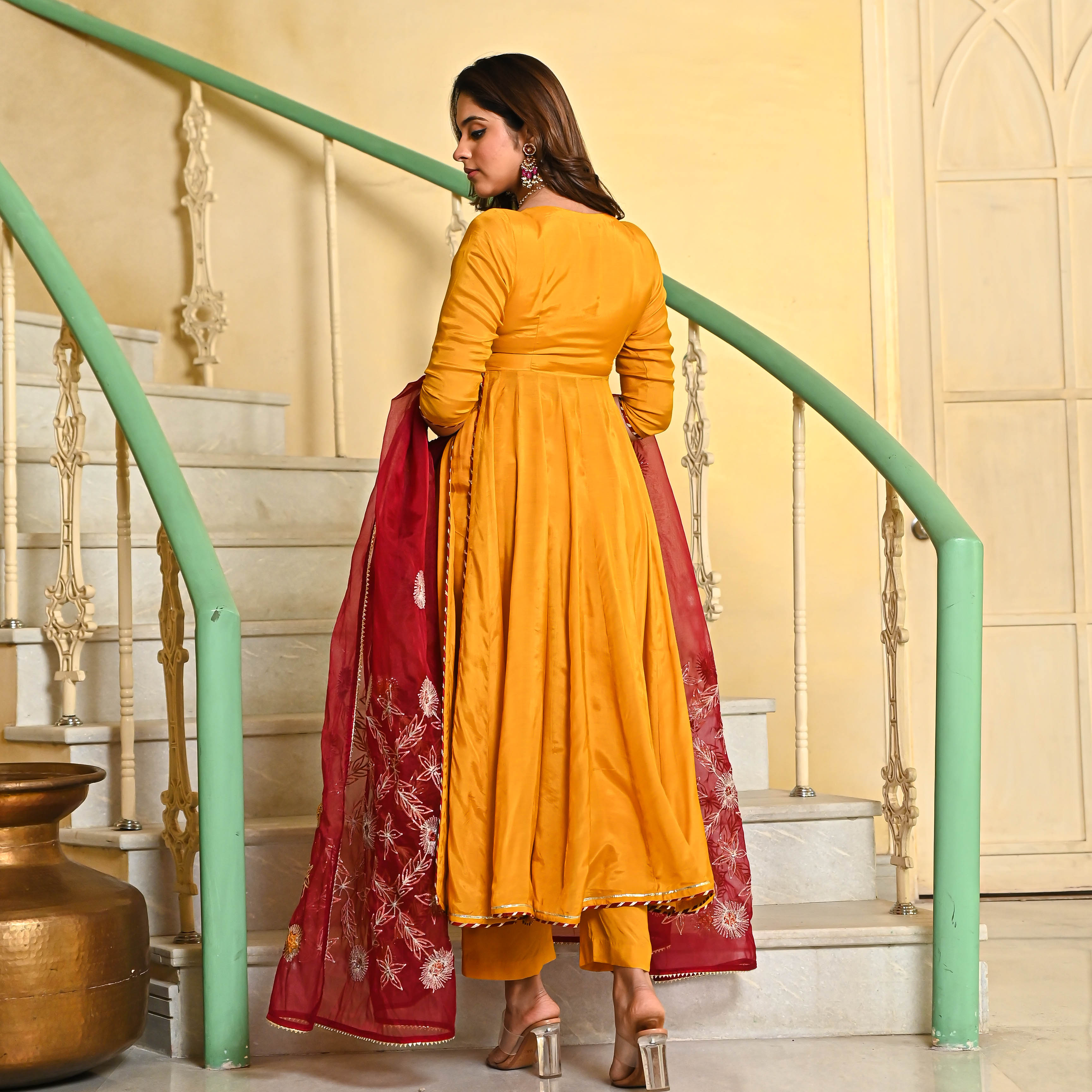Yellow Mustard Anarkali Suit and Red Dupatta with Gotta work