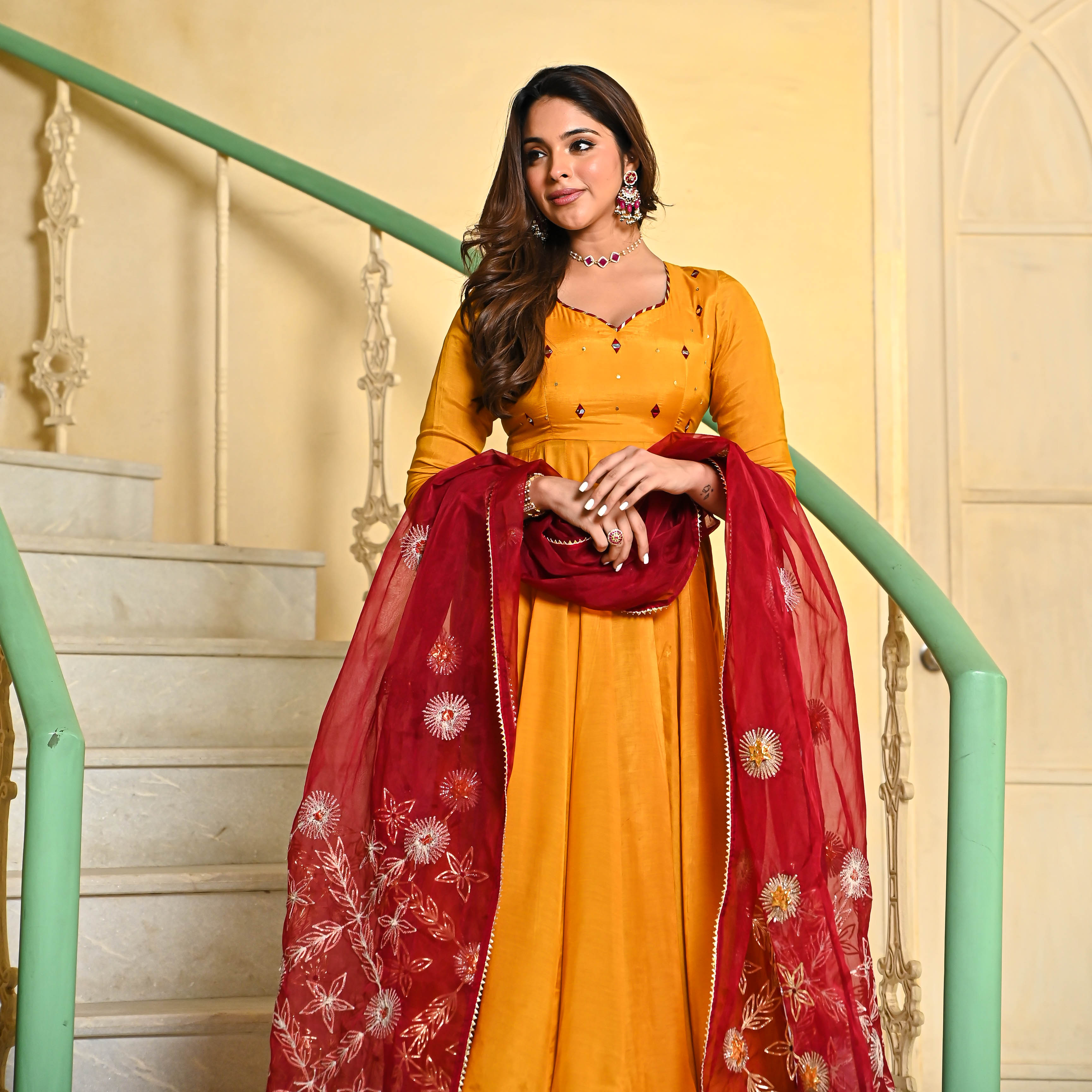 Yellow Mustard Anarkali Suit and Red Dupatta with Gotta work