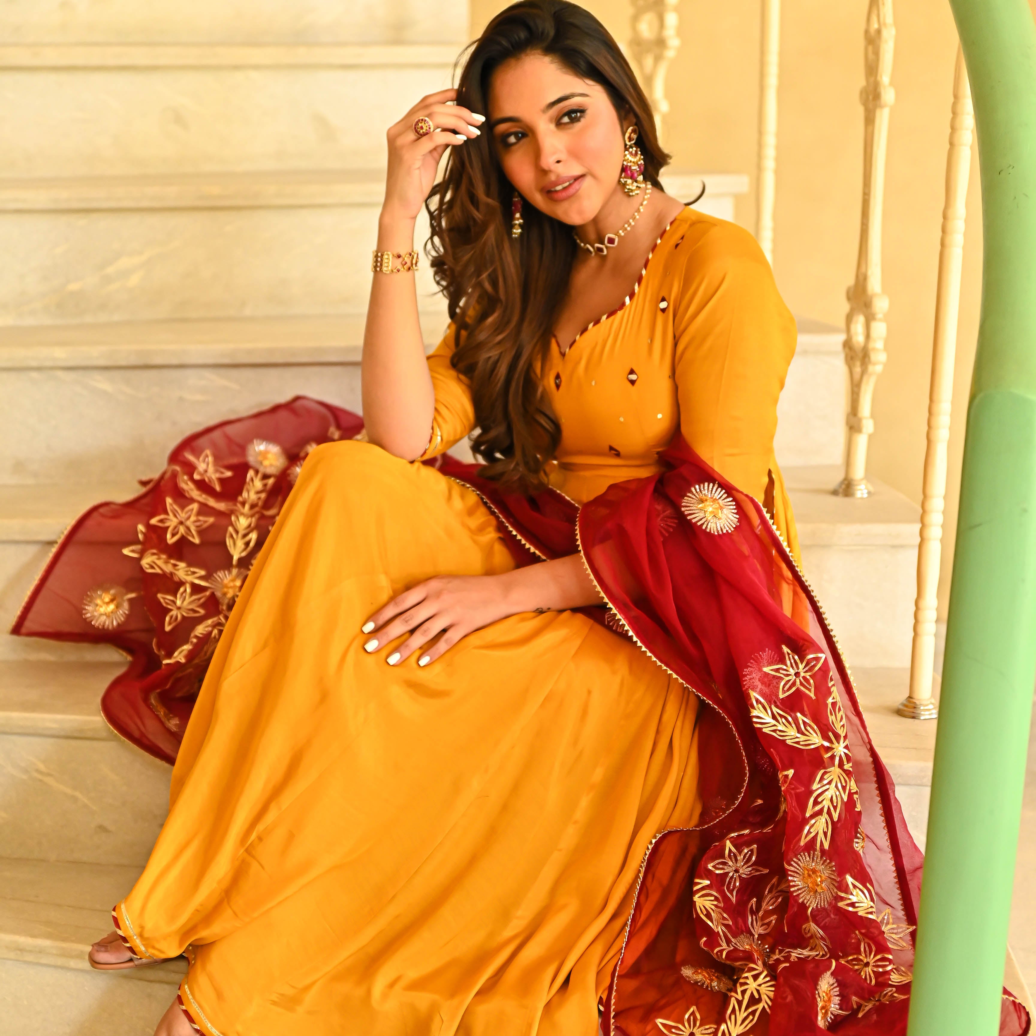 Yellow Mustard Anarkali Suit and Red Dupatta with Gotta work