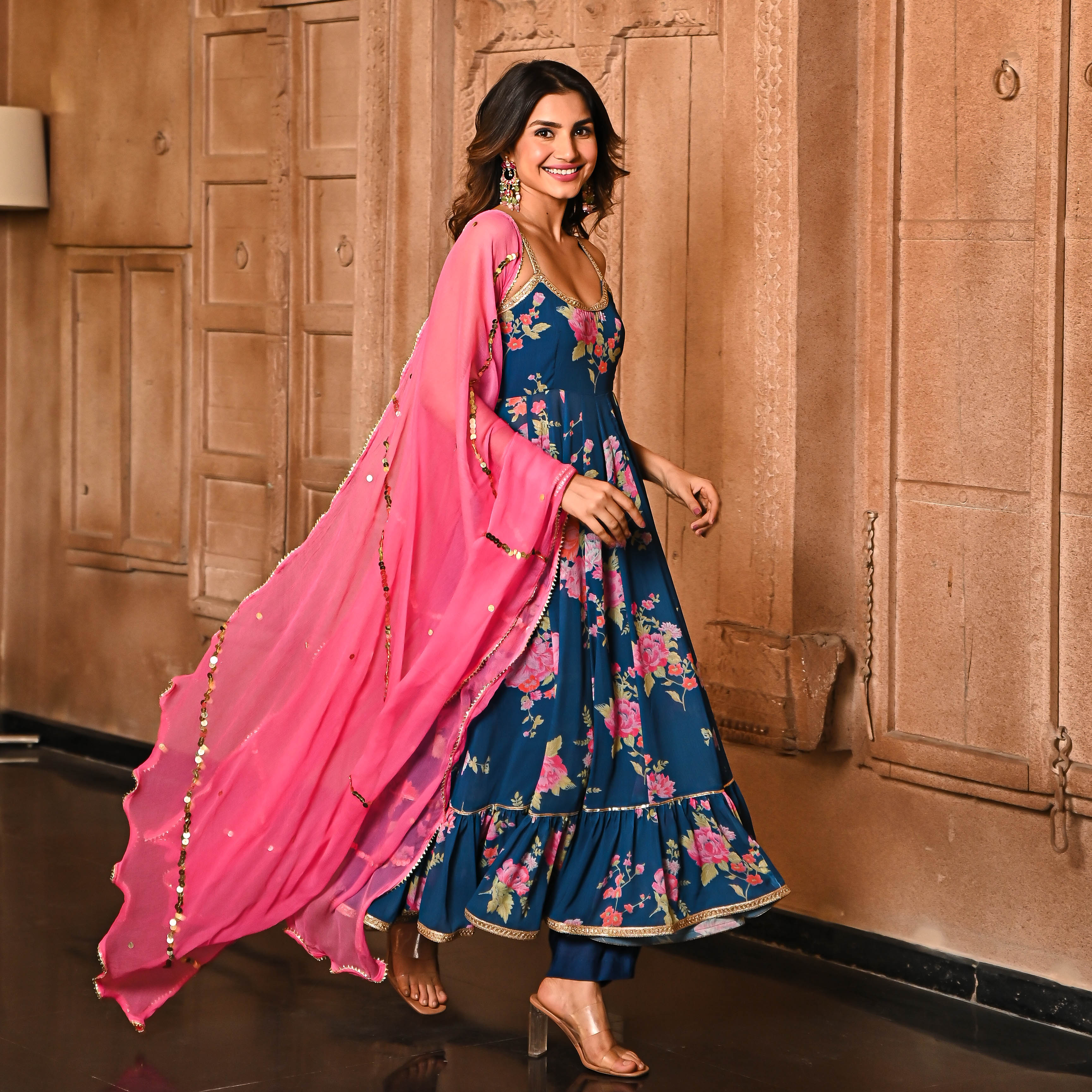  Blue Floral Print Georgette Salwar Suit Set For Women Online