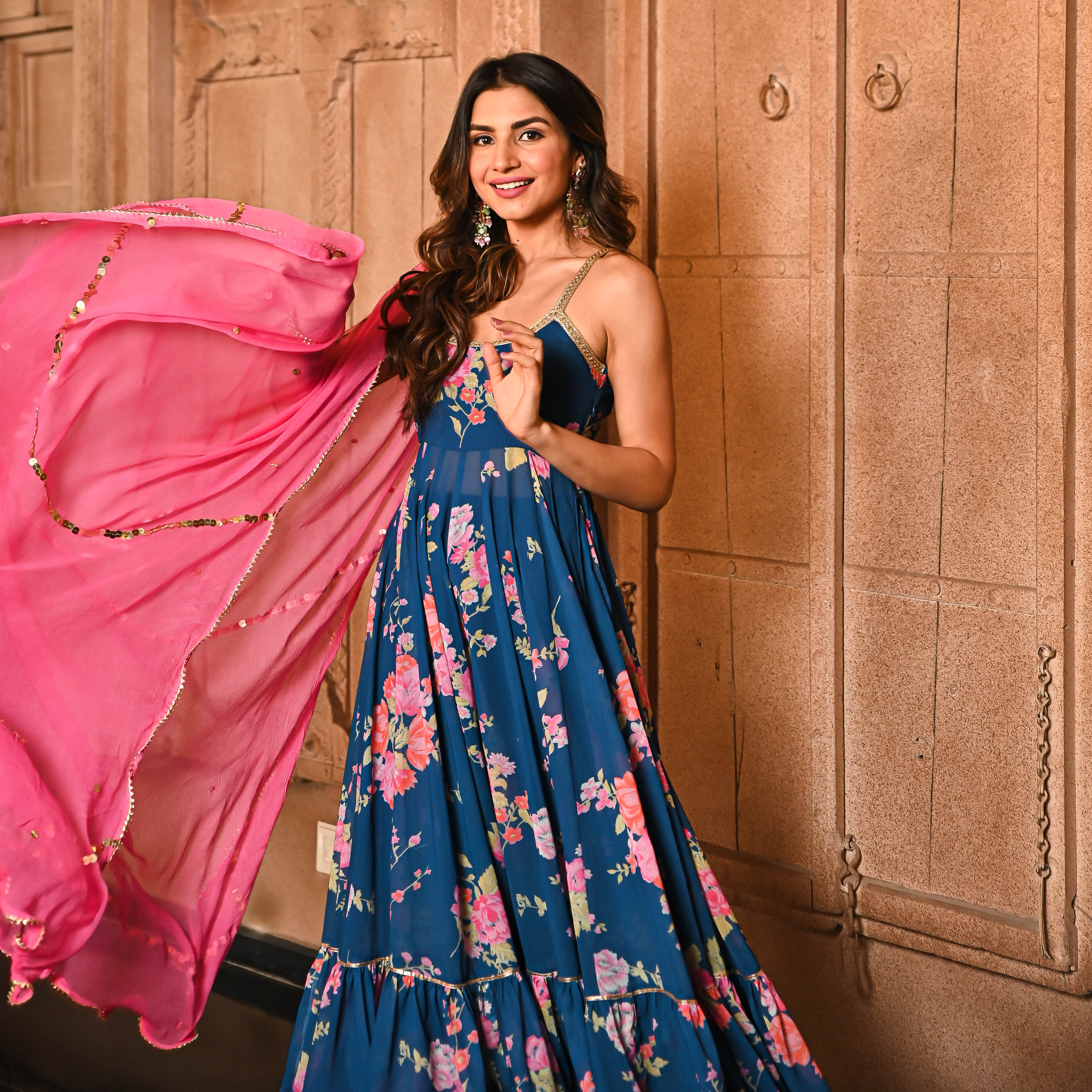  Blue Floral Print Georgette Salwar Suit Set For Women Online