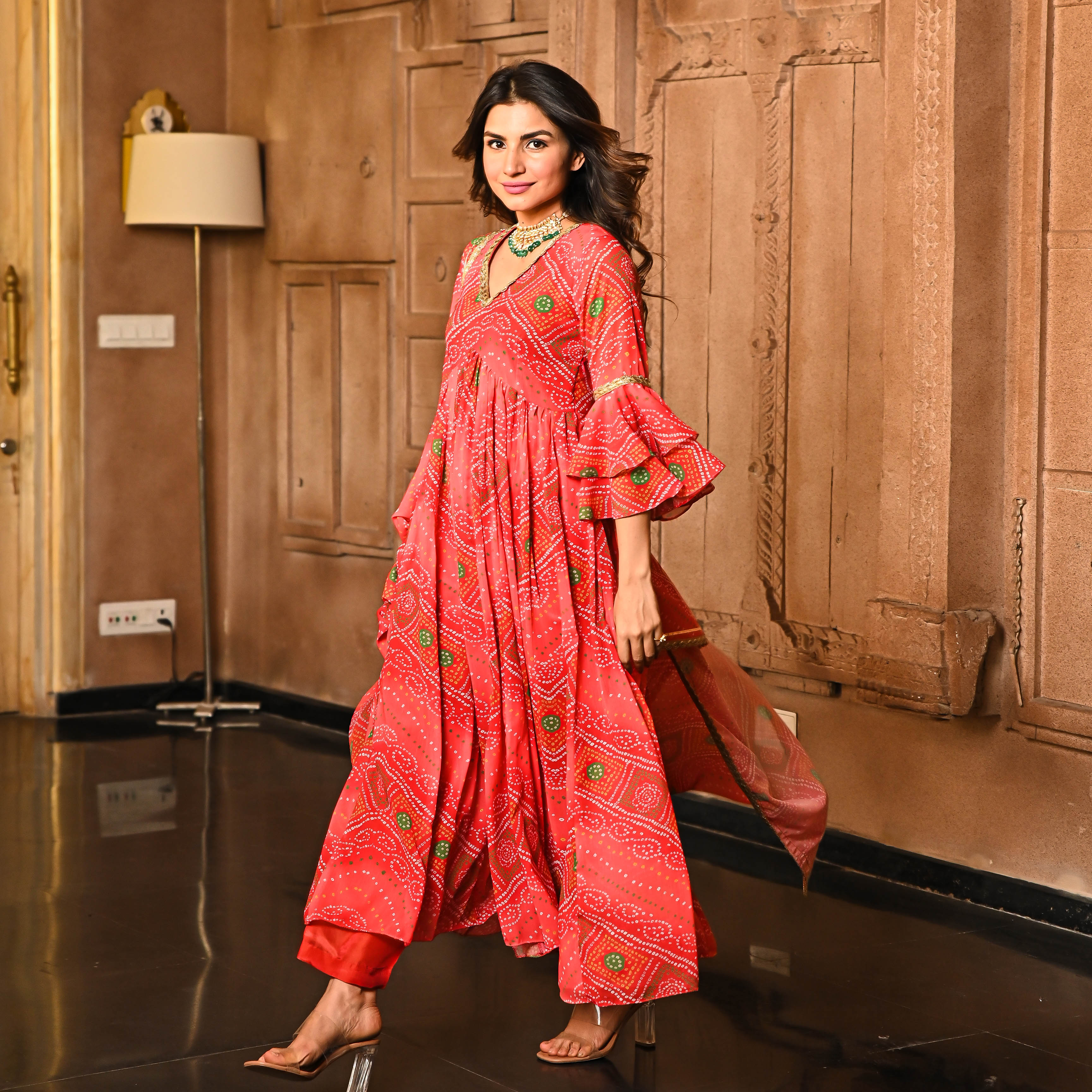 Coral Red Badhani Anarkali Suit for women online
