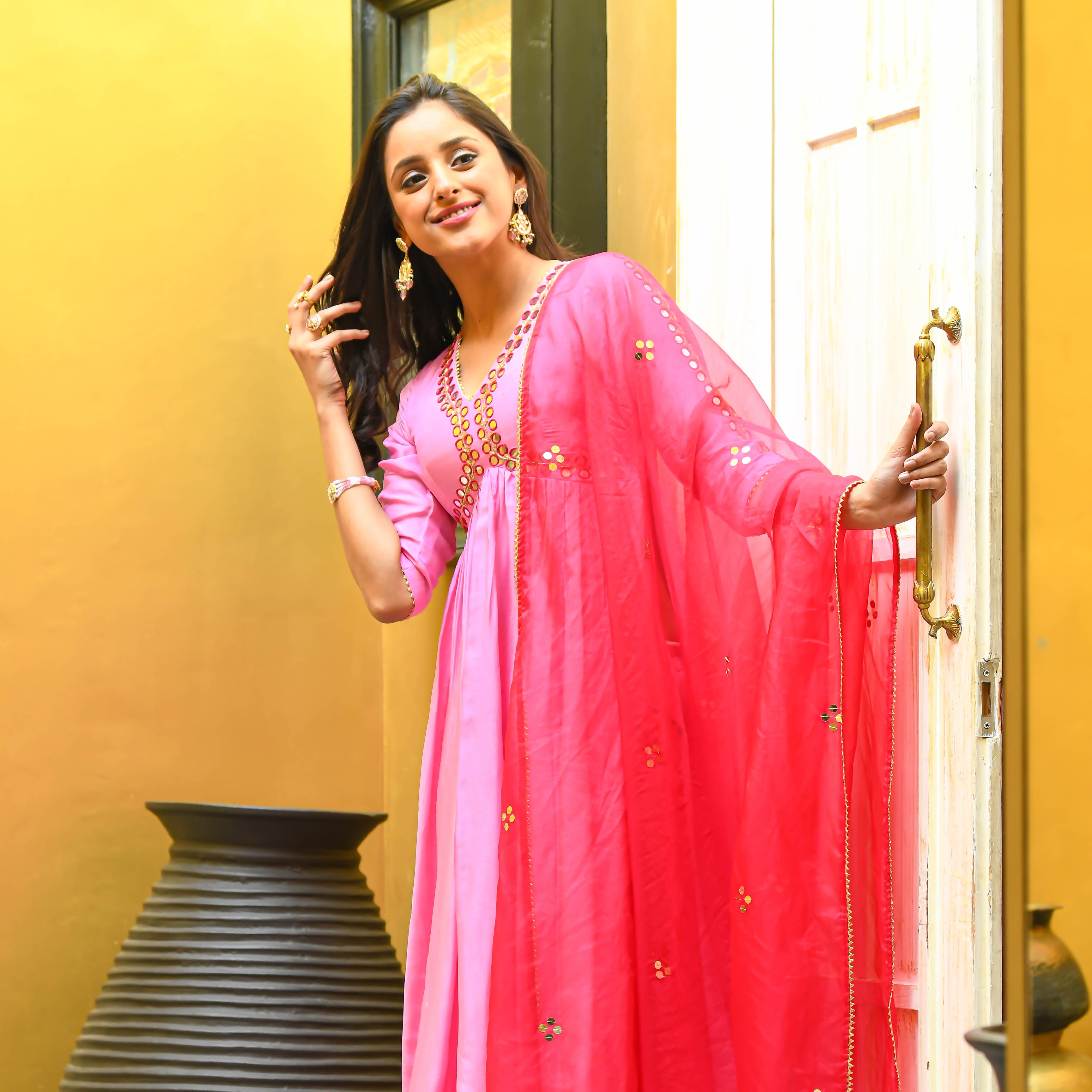 Shades of Pink Suit Set with Mirror work