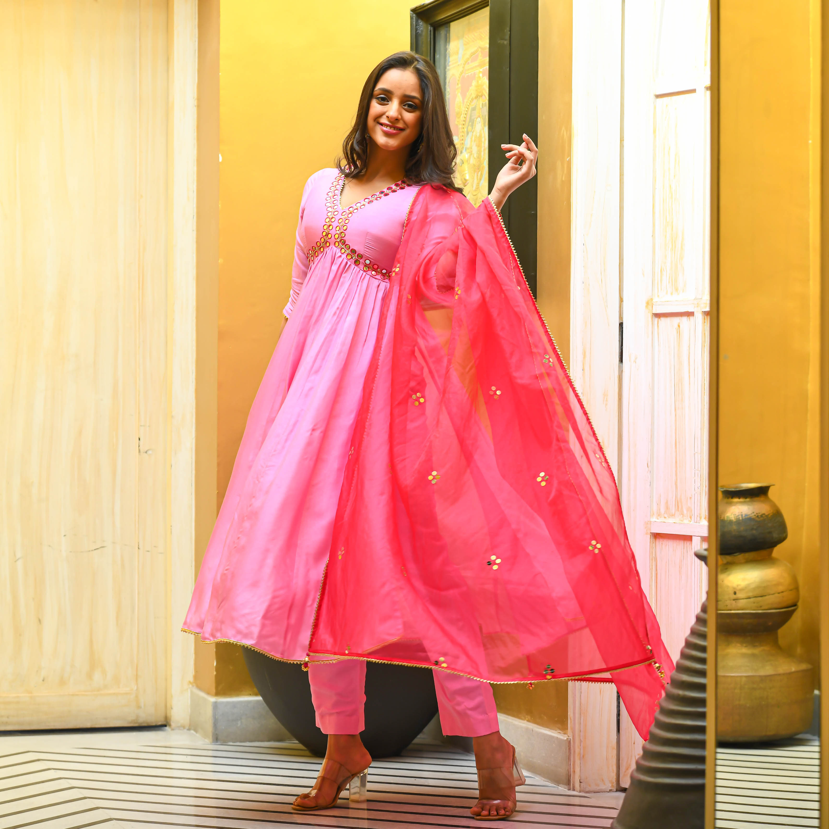 Buy Bunaai Light Bright Pink Cotton Silk Suit Set For Women Online