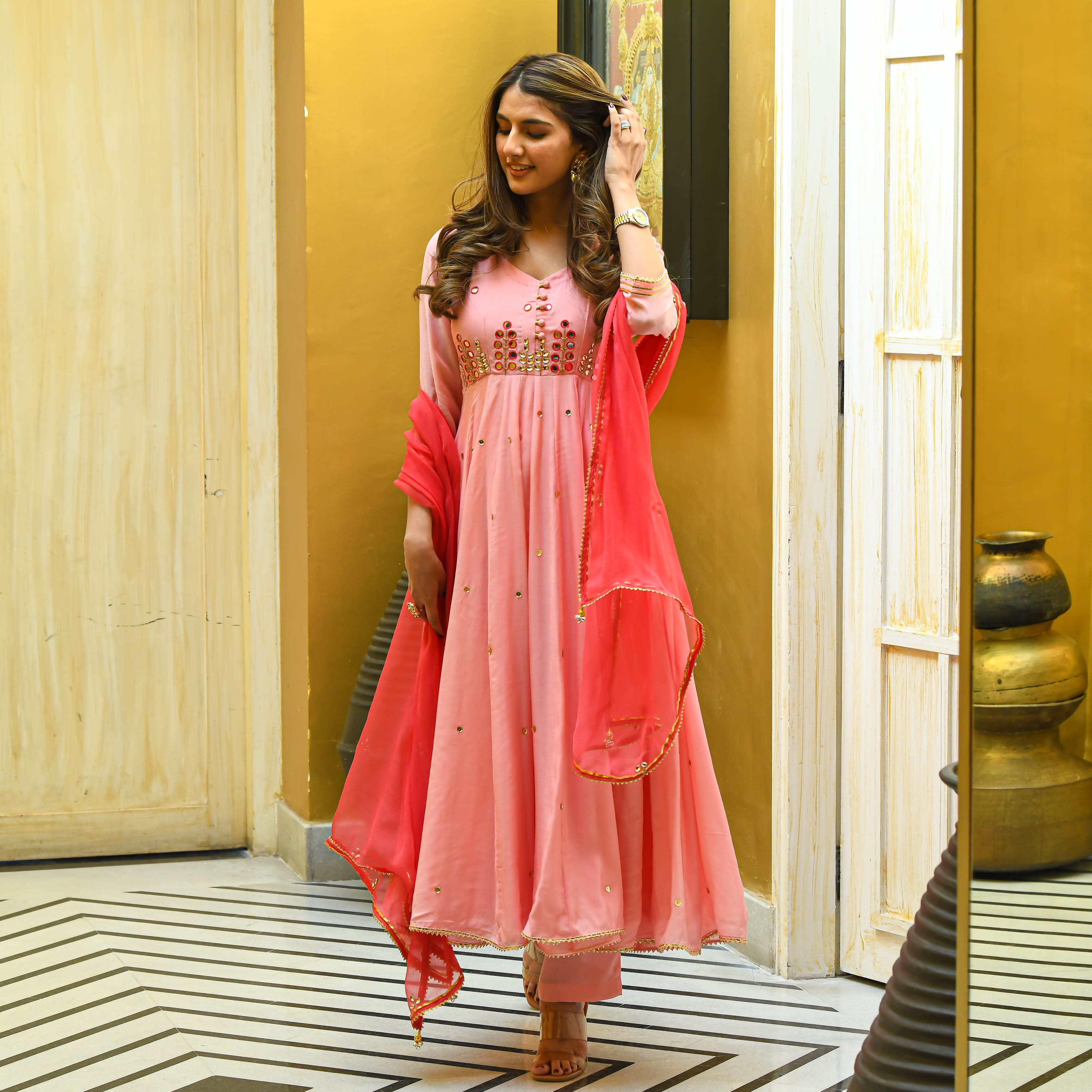 Peach Pink Georgette Mirror Work Anarkali Suit Set