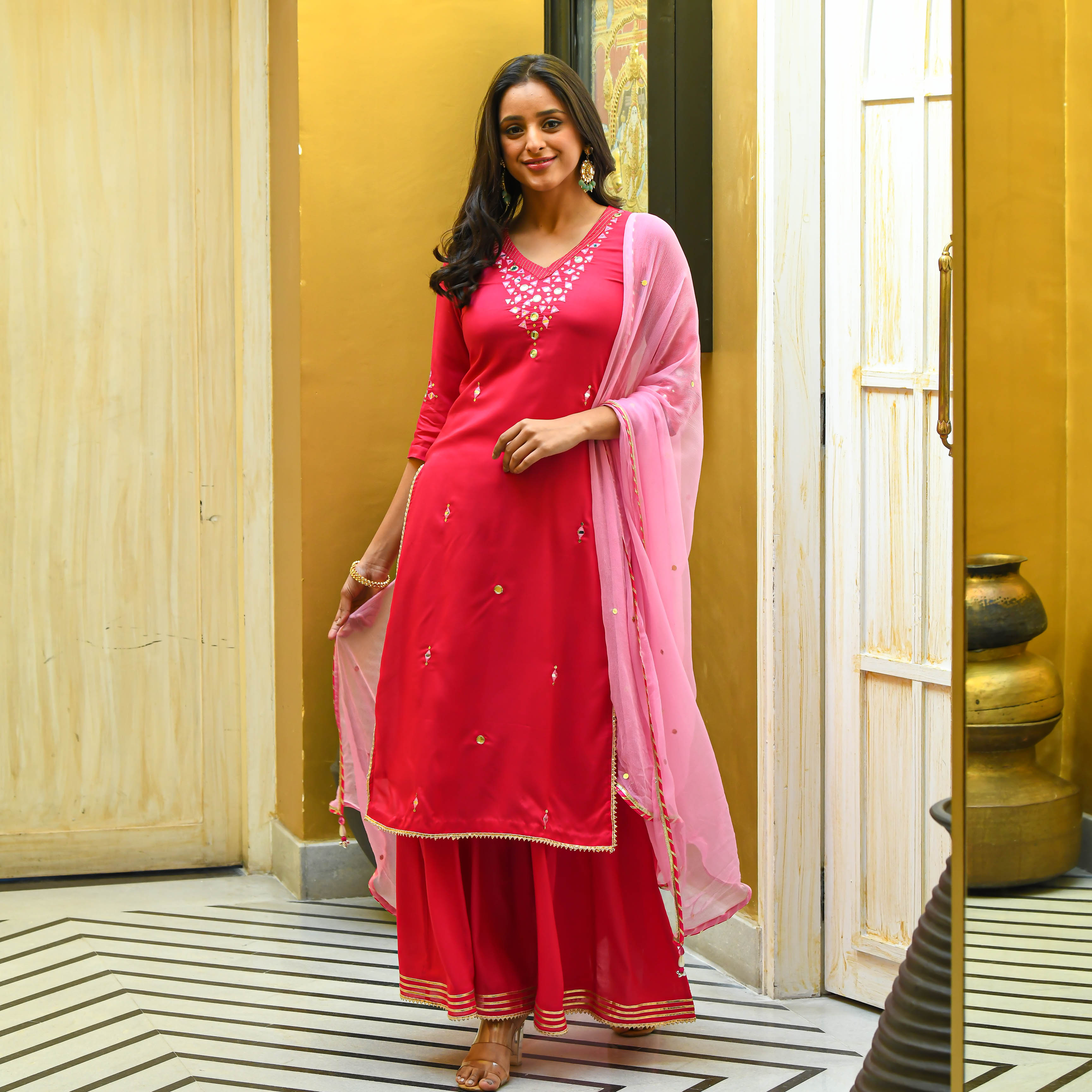  Hot Pink Cotton Silk Mirror Work Suit Set For Women Online