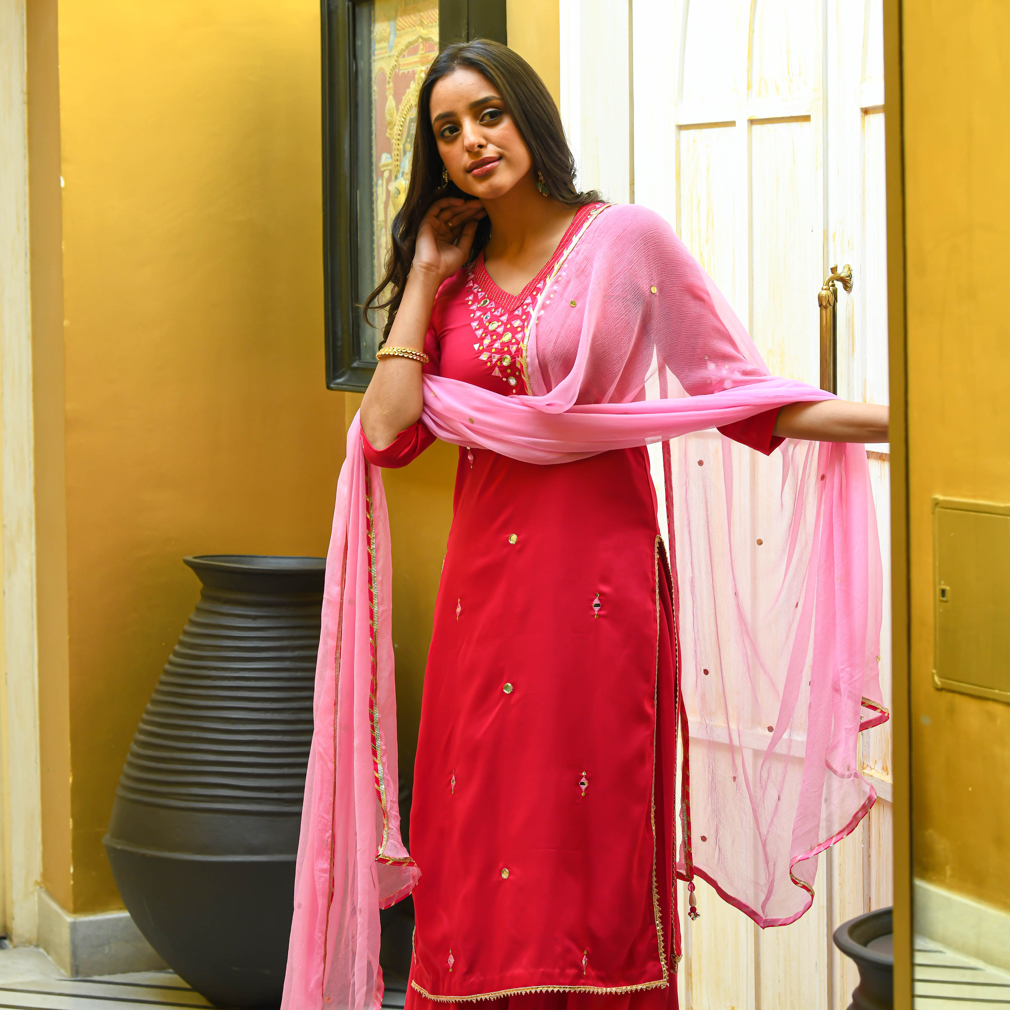  Hot Pink Cotton Silk Mirror Work Suit Set For Women Online